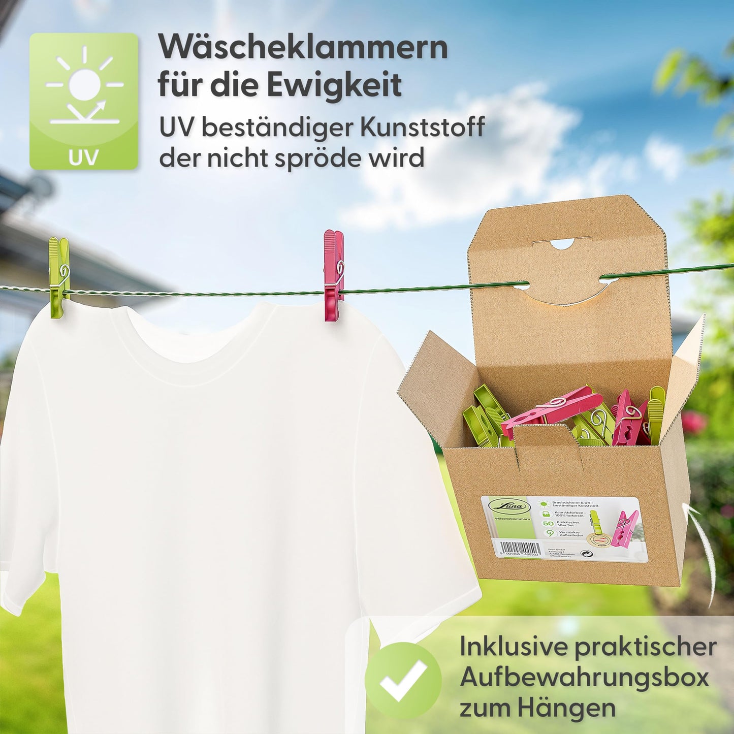 Luna® Wäscheklammern Plastik 50 Stück - Wäscheklammer aus recycelten UV beständigen Kunststoff - Wäscheklammern ohne Abdruck - 100% Farbecht - Wäscheklammern stabil mit Box - Made in Austria