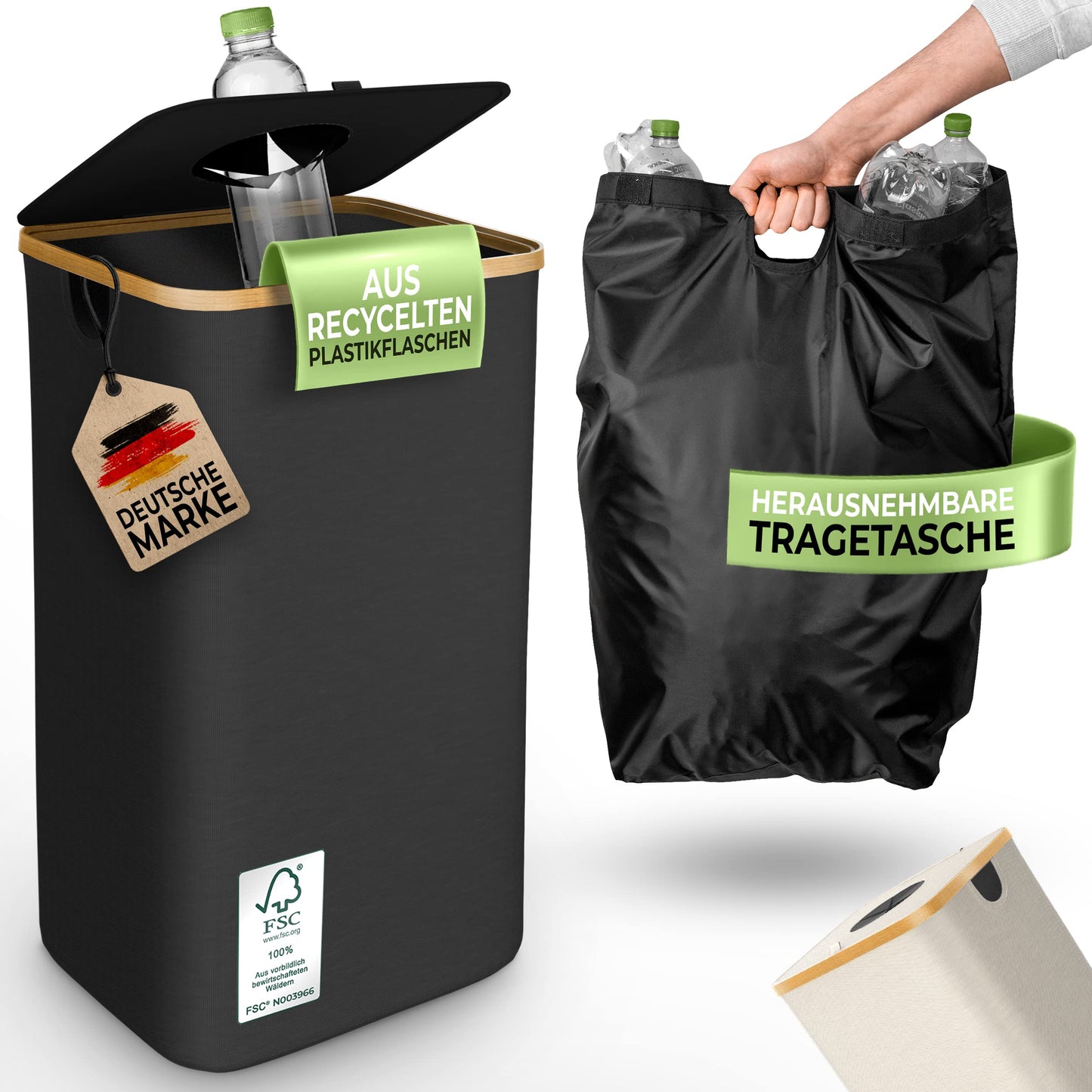 Glückstoff® Pfandflaschen Aufbewahrung [inkl. XXL Tragetasche] Sammel-Behälter Leergut Flaschenträger Pfandflaschen | Flaschensammler mit Loch Küche Flaschentasche | Schwarz