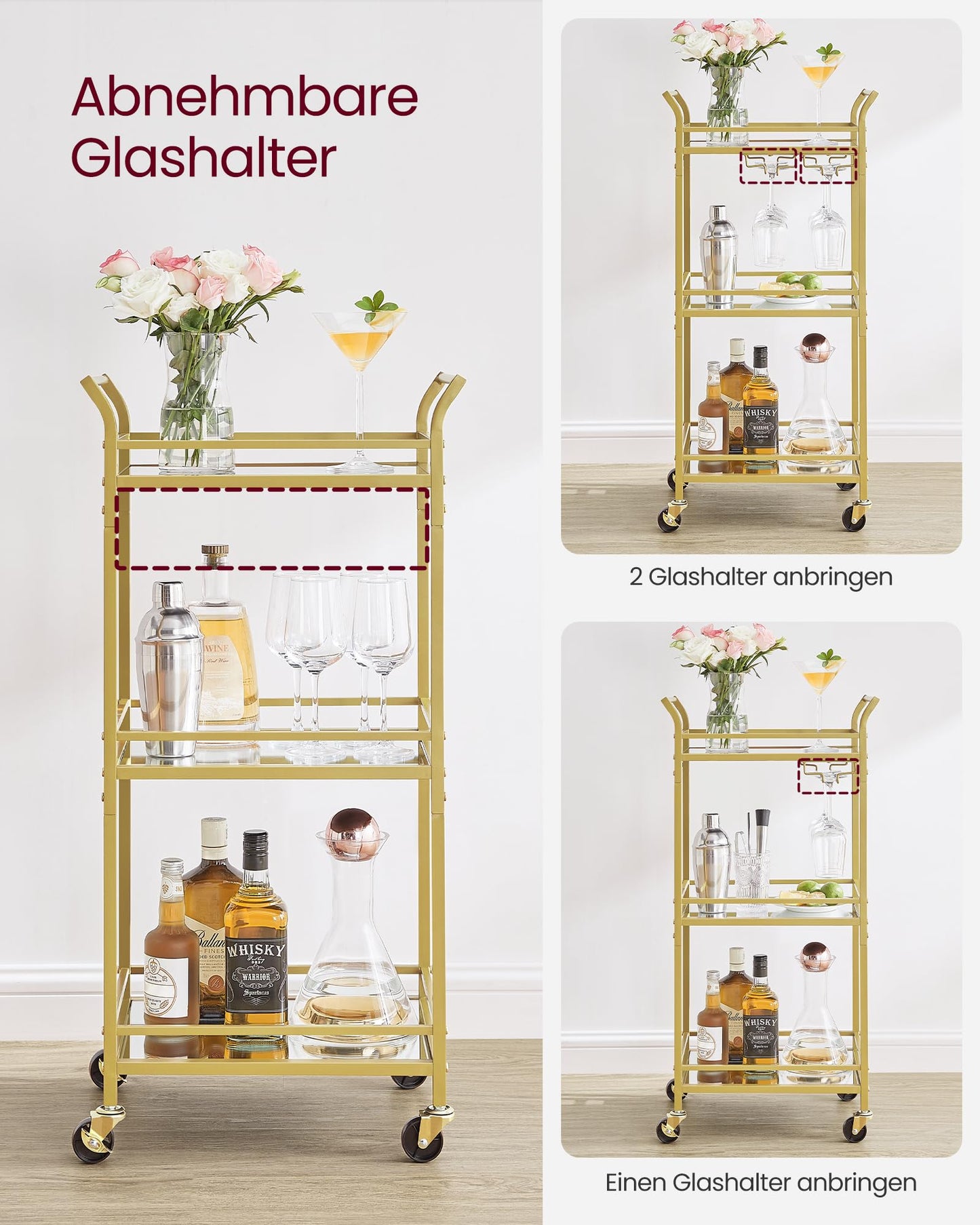 VASAGLE Servierwagen, 3 Ebenen, Rollwagen, mit Rollen, Griffen, verspiegelte Glasablagen, für kleine Räume, Küche, Esszimmer, Bar, goldfarben LRC091A62