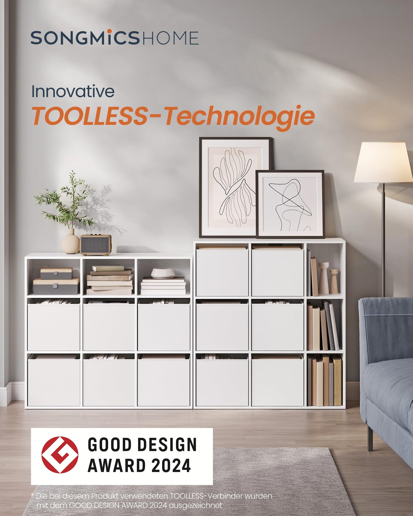 SONGMICS HOME 9-Fächer-Bücherregal, Schneeweiß, Werkzeugloses Würfelregal mit 6 Stoffschubladen, Flexibler Organizer für Wohnzimmer und Büro