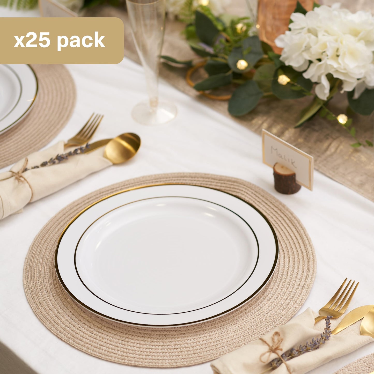 MATANA 25 Premium Weiße Plastikteller mit Goldrand, Mehrweg Kunststoffteller, 26cm - Partyteller Gold für Hochzeiten, Geburtstage, Partys - Elegantes & Stabiles Partygeschirr
