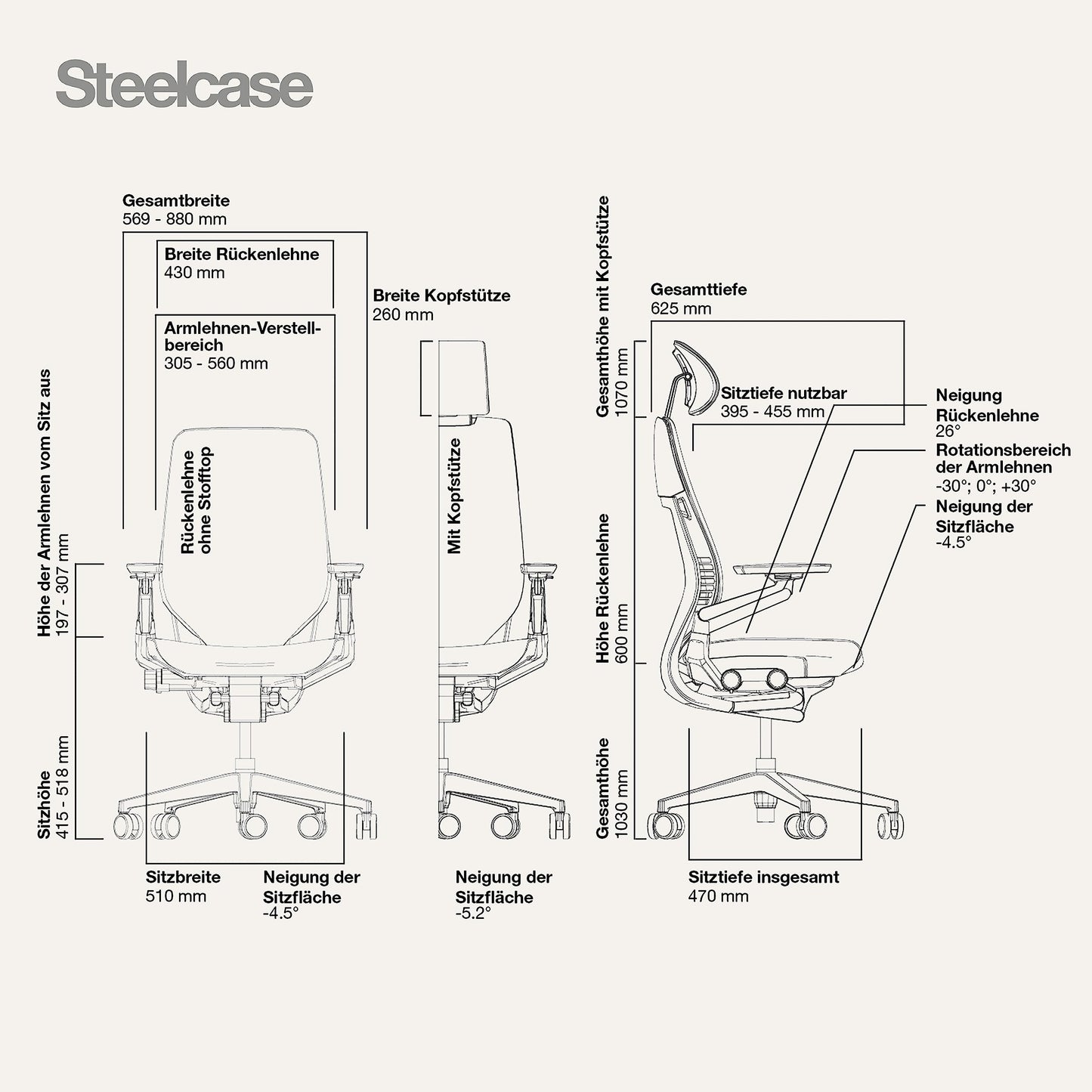Steelcase Gesture Ergonomischer Bürostuhl mit 360° Armlehnen und 3D-Live Back Lumbalstütze Sturmhorizont
