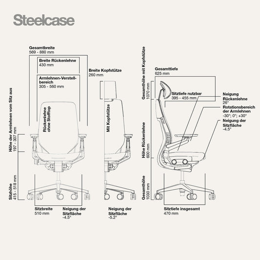 Steelcase Gesture Ergonomischer Bürostuhl mit 360° Armlehnen und 3D-Live Back Lumbalstütze Sturmhorizont