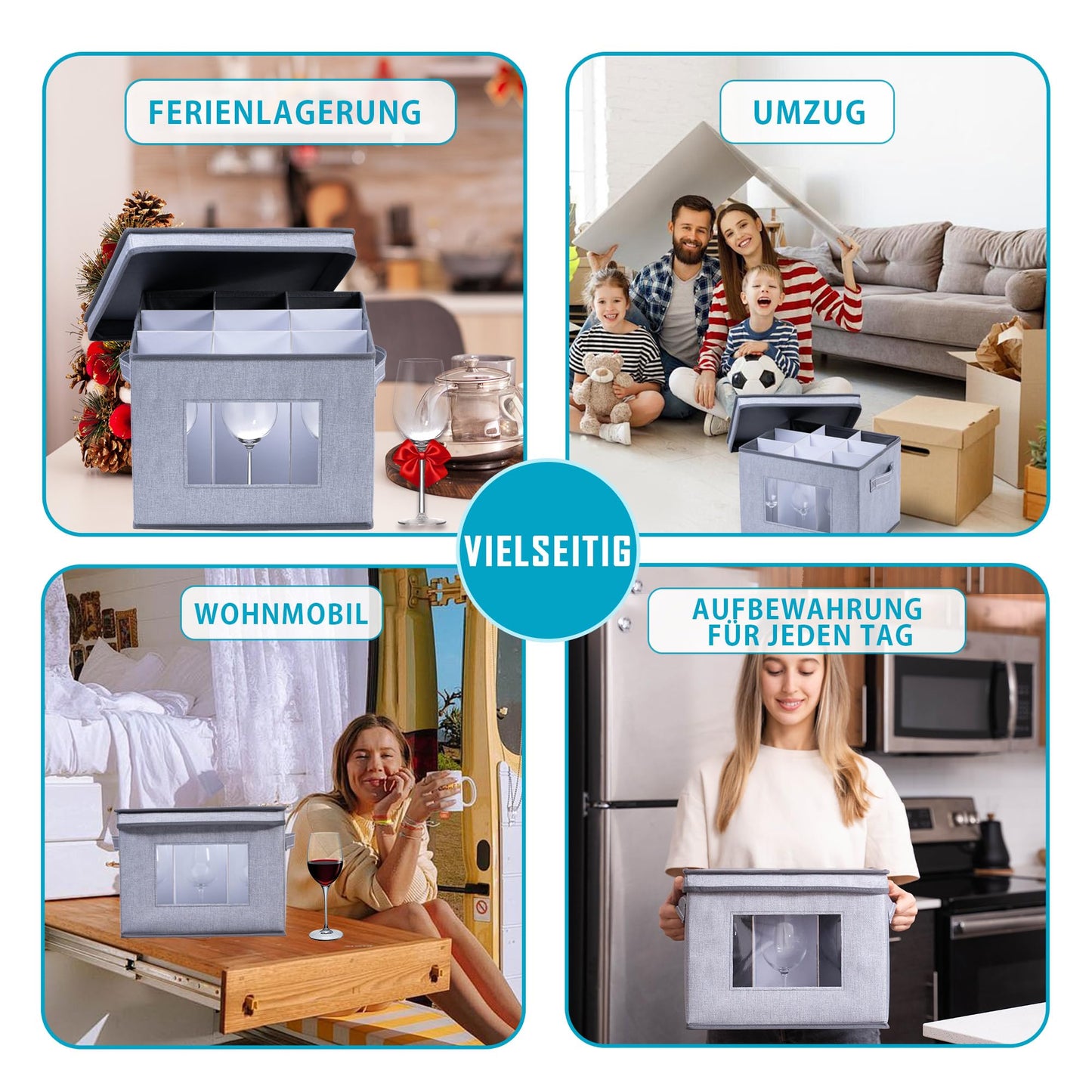 VENO 2er-Pack Aufbewahrungsbox für Rotweinglas mit Deckel und Griffen, Stielgläser-Organizer, Faltbox für Umzug von Glaswaren Inklusive Trennwände (Rotweinglas- 2er-Pack)