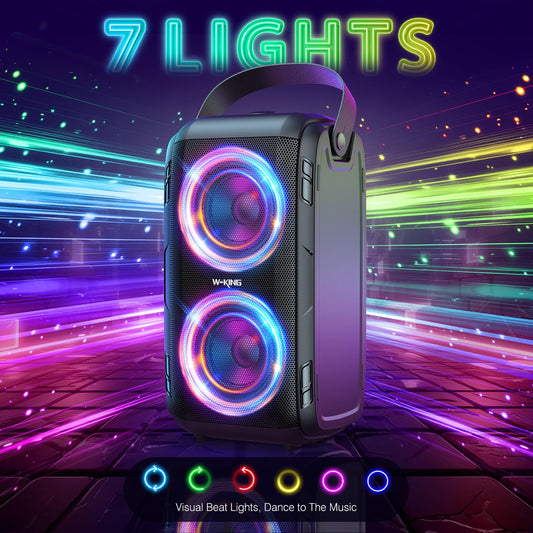 W-KING Bluetooth Lautsprecher mit 2 Vollfrequenztreiber– Superbass, Bluetooth Box Musikbox Party Lautsprecher mit 80 W und LED-Beleuchtung, 105dB-Sound, IPX5, 24 Stunden, U-Disk, TF-Karte, AUX, EQ