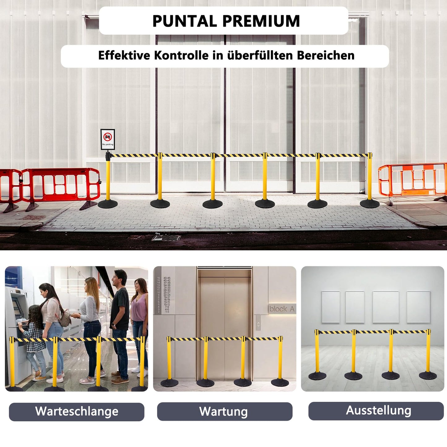 Vilnow Edelstahl Absperrpfosten Seil Abgrenzungsständer,4 Packung Crowd Control Barriers,Gelb-schwarz,wird in Flughäfen, Hotels und Ausstellungshallen verwendet