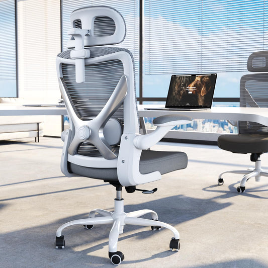 TRALT Ergonomischer Bürostuhl - X-förmiger bequemer Computer-Bürostuhl, Gaming-Stuhl, Bürostuhl mit Lendenwirbelstütze, Netz-Bürostuhl mit Kopfstütze (Grau-Silber)