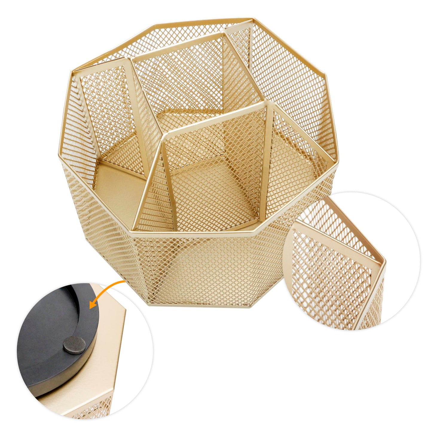 Annova Schreibtisch-Organizer aus Netzstoff, drehbar, mit 5 Fächern, für Süßigkeiten/Stifte, Büro, Kunstbedarf, Aufbewahrung, Klassenzimmer, Zuhause (Gold)
