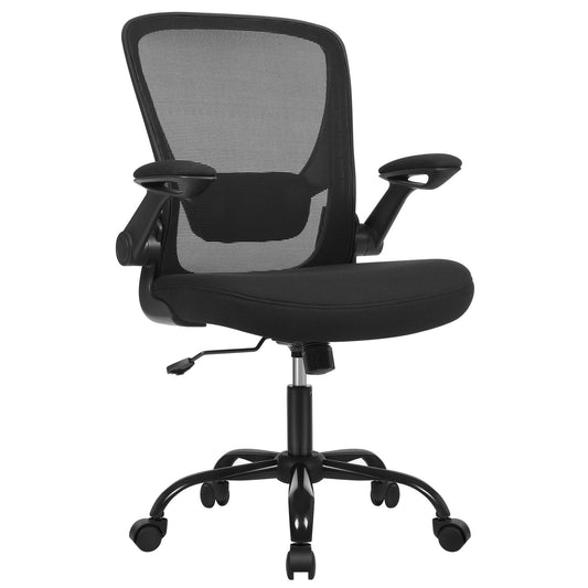 SONGMICS Bürostuhl, Schreibtischstuhl, Drehstuhl mit Netzbespannung, ergonomisch, gepolsterte Lendenstütze, Wippfunktion, 53 cm große Sitzfläche, klappbare Armlehnen, schwarz OBN37BK