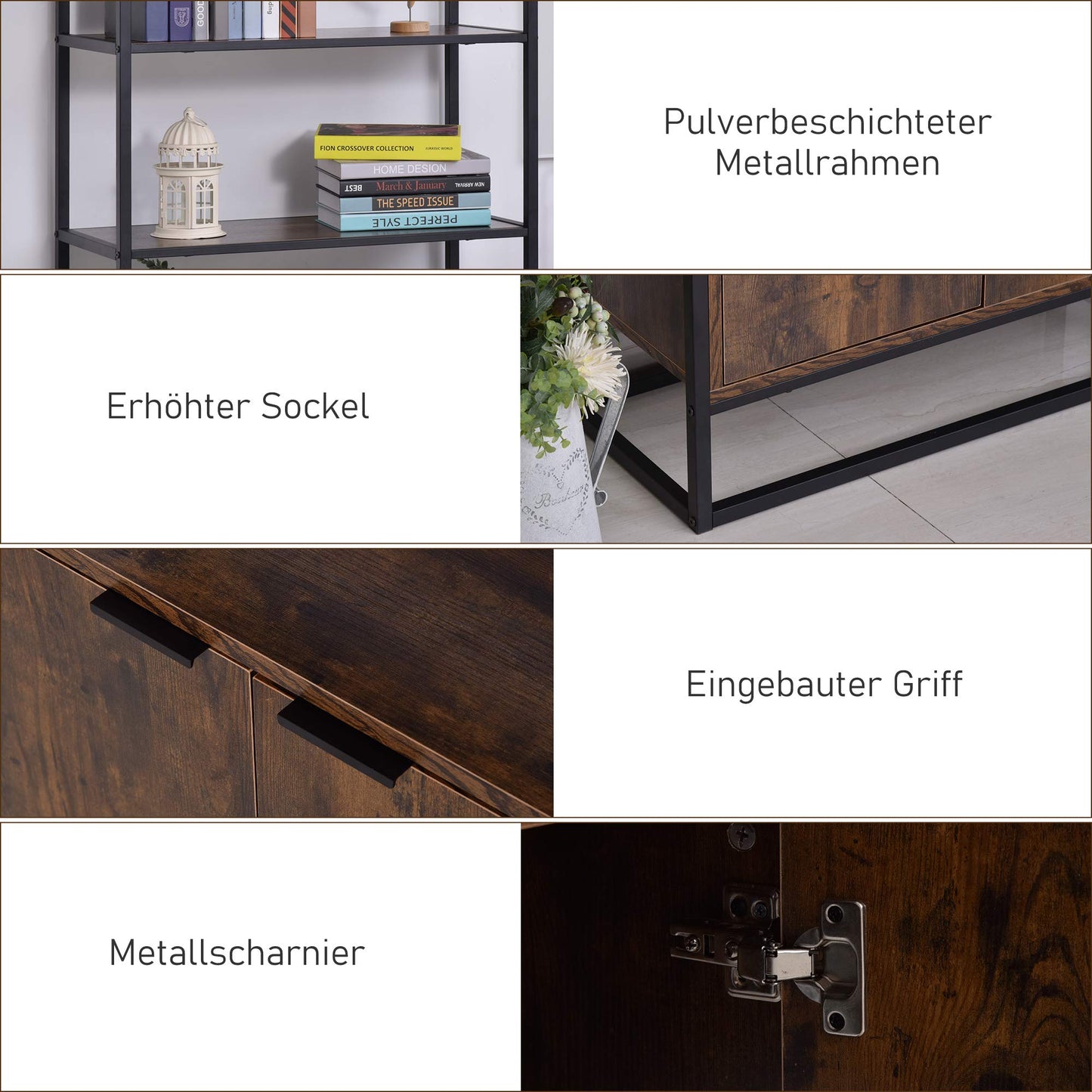 HOMCOM Industrielles Bücherregal mit Schrank, Braun, 76x33x162,5 cm