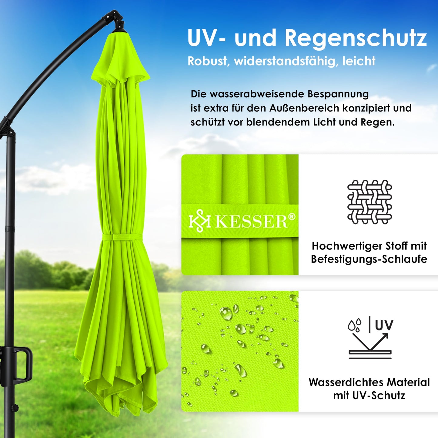 KESSER® Alu Ampelschirm Sonnenschirm + Abdeckung Ø350 cm & Kurbelvorrichtung Kurbelschirm mit Ständer UV-Schutz Aluminium Wasserabweisende Bespannung 360° Funktion Garten-Schirm Marktschirm Hellgrün