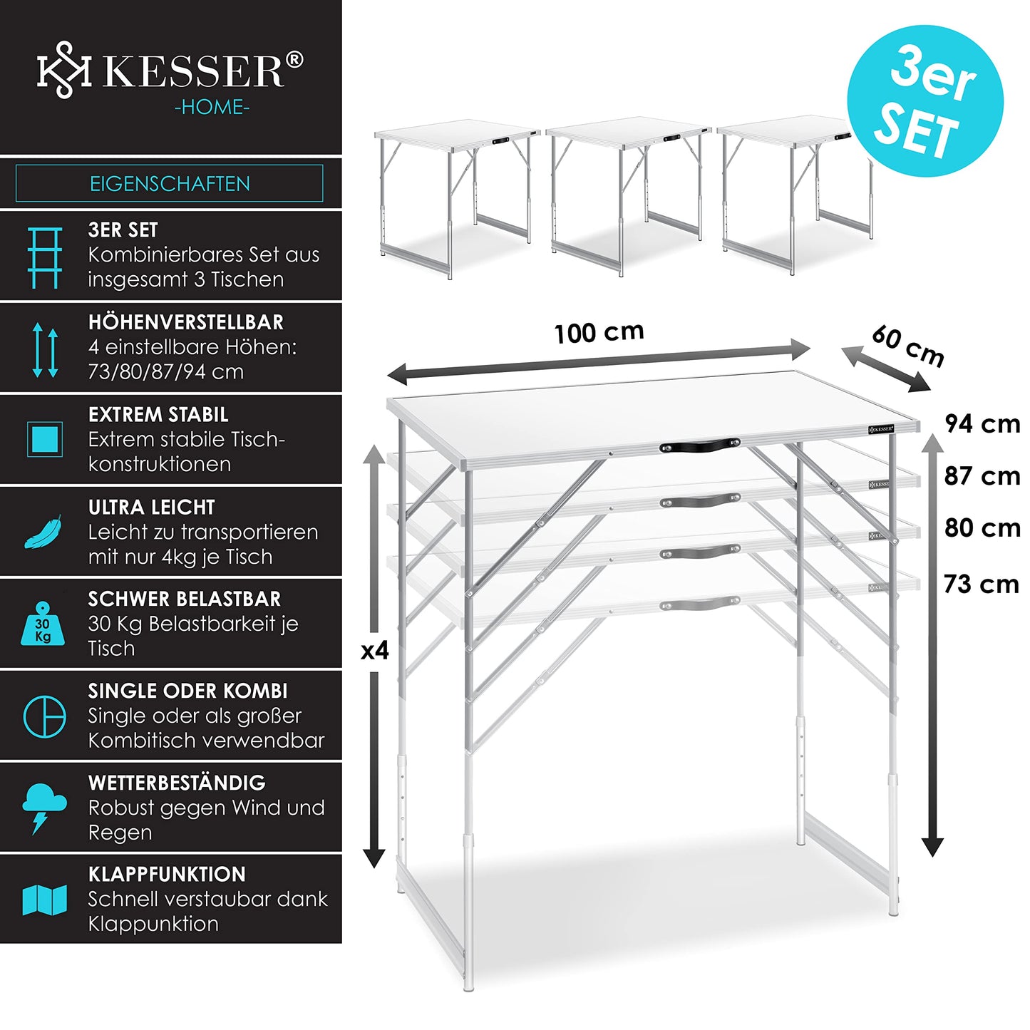 KESSER® Multifunktionstisch Profi 3- teilig, 100 x 60 cm, Tapeziertisch 30kg Tragkraft je Tisch Mit Ausziehfunktion Klapptisch Flohmarktisch Beistelltisch Mehrzwecktisch Campingtisch höhenverstellbar