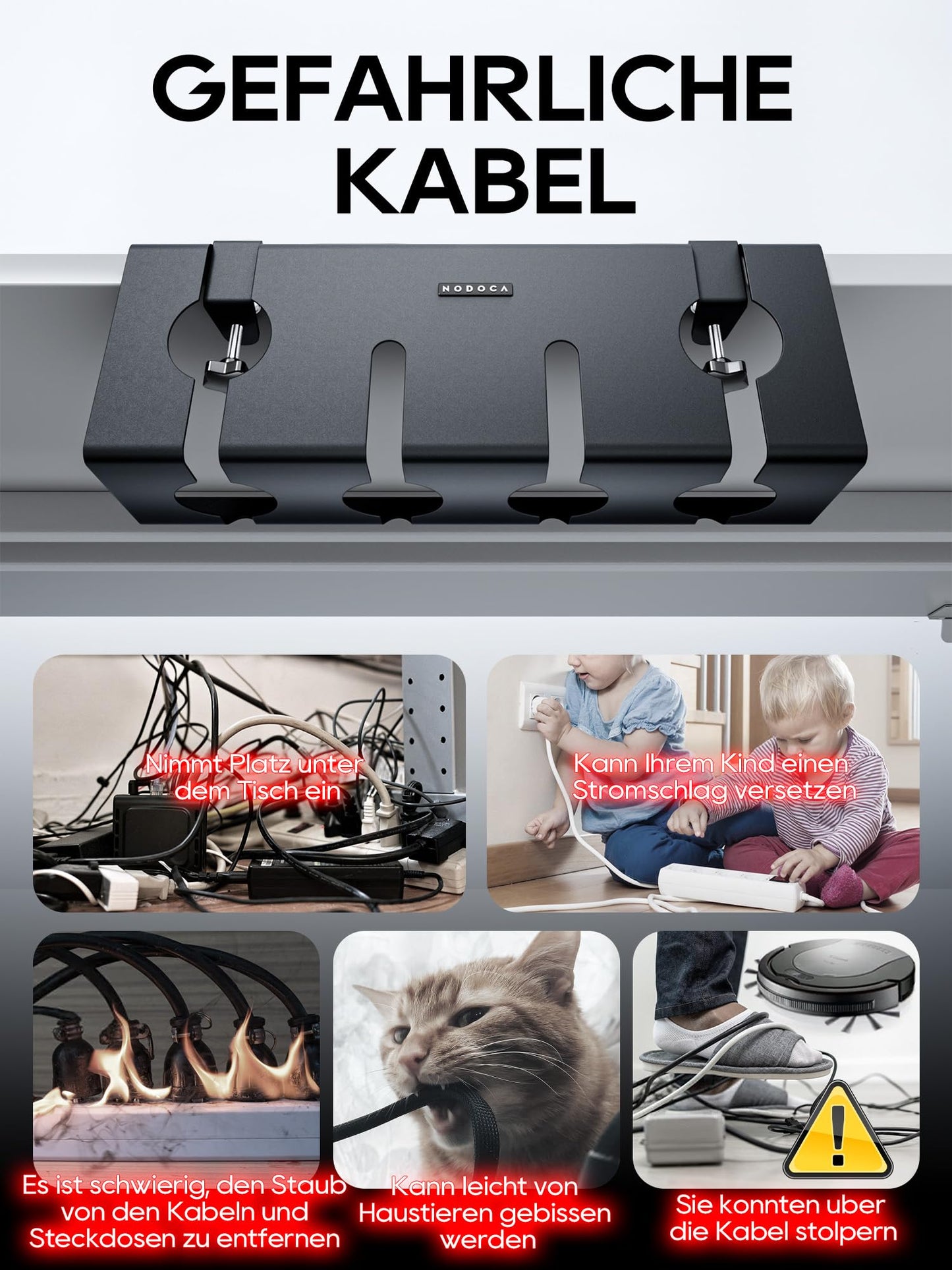 NODOCA Kabelmanagement unter dem Schreibtisch, Ohne Bohren Untertisch Kabelmanagement, Kabelkanal Schreibtisch, Kabelkorb zum Verwalten von Kabeln und Steckdosenleisten - 43×15×12cm, Schwarz