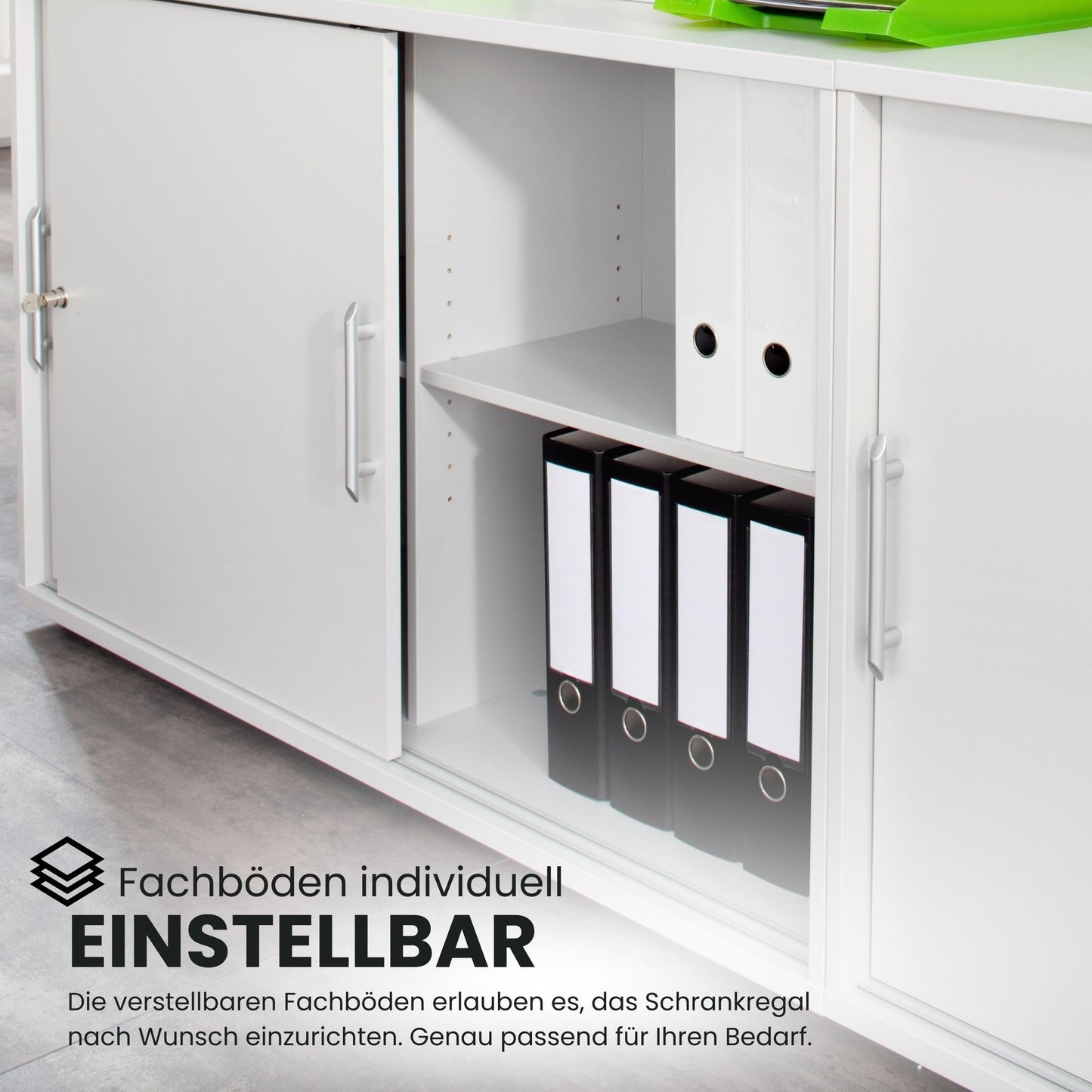 bümö Schiebetürenschrank 3OH - Aktenschrank abschließbar, Sideboard Schrank mit Schiebetüren in Weiß/Eiche - Büroschrank aus Holz mit Schiebetür, Büro Kommode für Ordner & Co.
