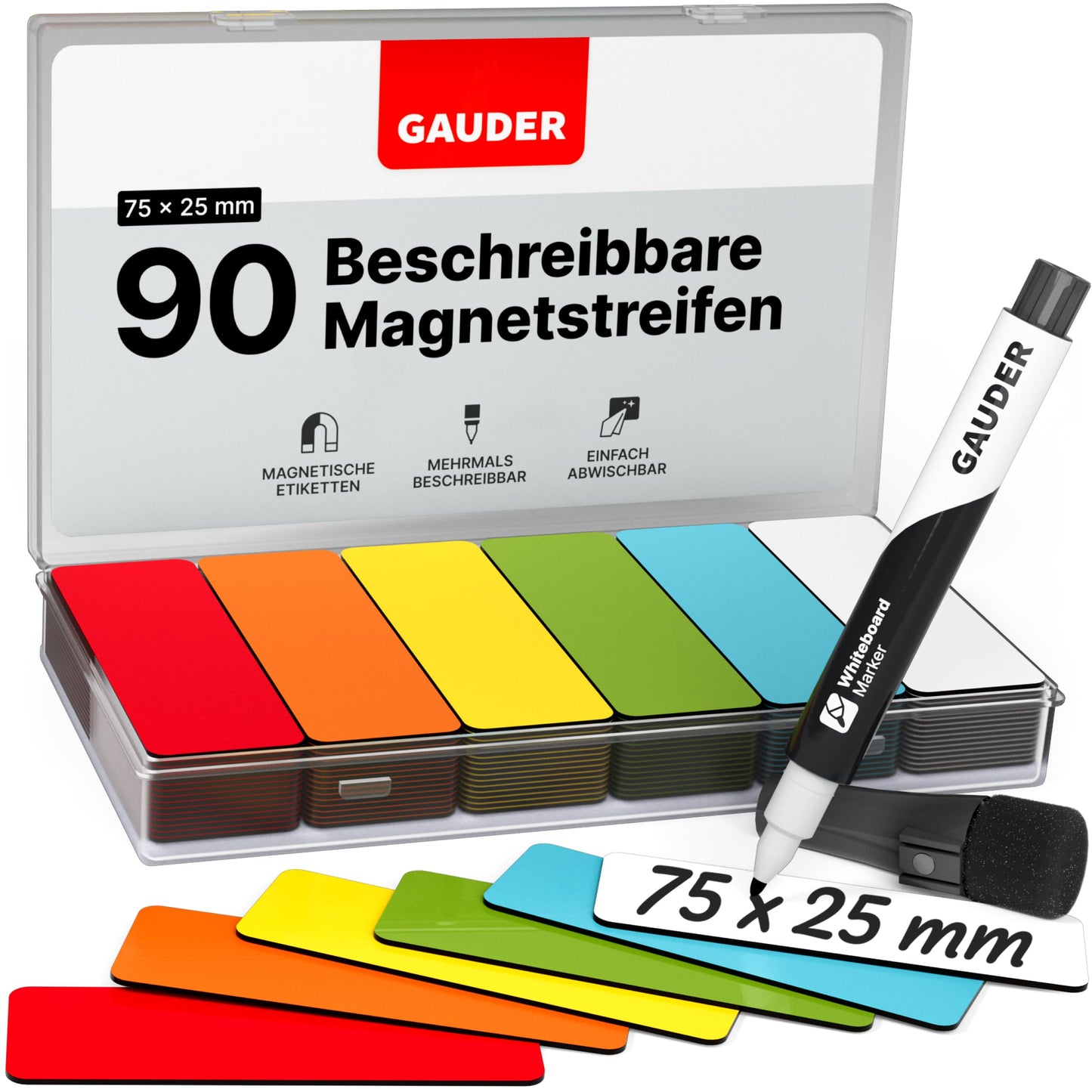 GAUDER Magnetetiketten beschreibbar (75 x 25 mm) | 90 Stück Magnetschilder zum Beschriften | Magnetkarten ideal für Kanban Board, Whiteboard & Tafel