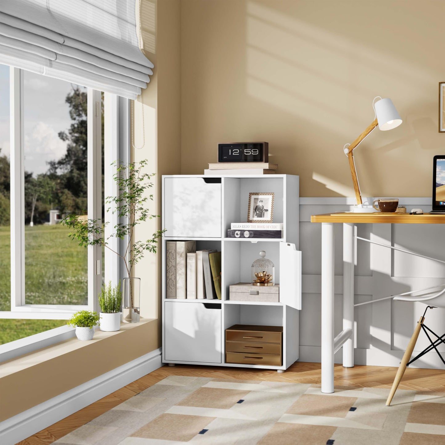 WOLTU Bücherregal Bücherschrank Standregal Aufbewahrungregal Raumteiler Büroregal Aktenschrank, mit 3 Türen, 6 Fächer, 29 x 91 x 59,6 cm,Weiß SK001ws