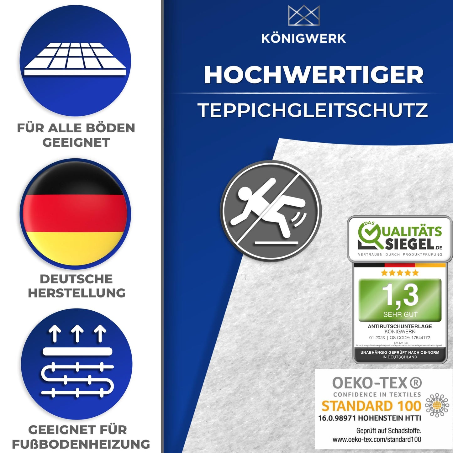 Königwerk Teppich Antirutschunterlage (50 x 80 cm) - Ohne Weichmacher - Extra sichere Antirutschmatte für Teppich und alle Böden - Perfekte Anti Rutsch Teppichunterlage