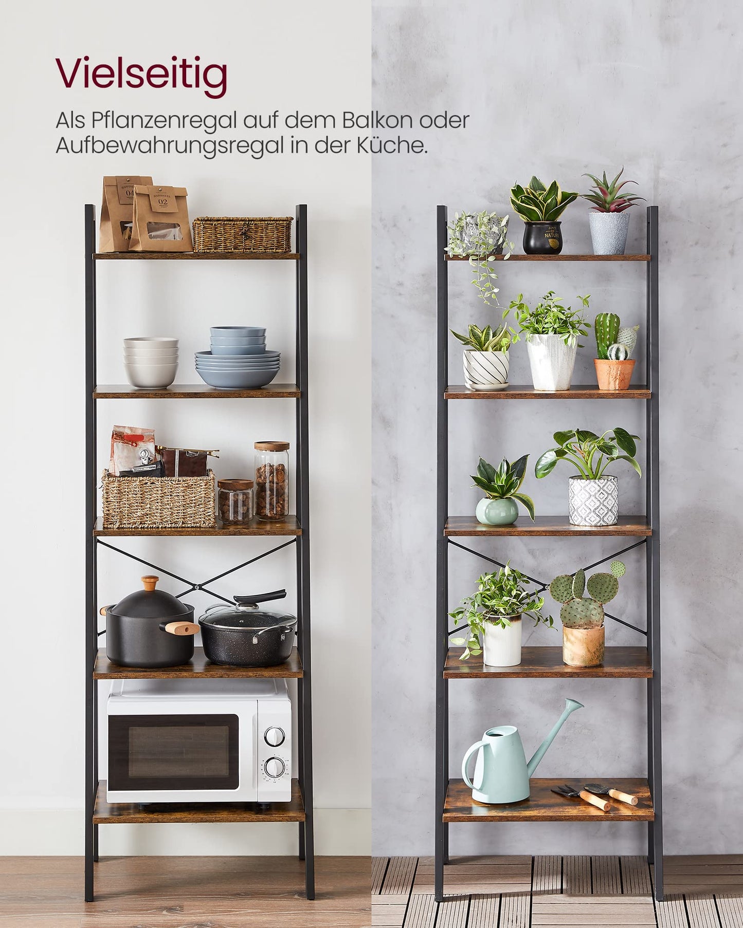 VASAGLE Standregal, Bücherregal mit 5 Ablagen, mit Metallgestell, einfache Montage, für Wohnzimmer, Schlafzimmer, Küche, 56 x 34 x 172 cm (L x B x H), vintagebraun-schwarz LLS45X