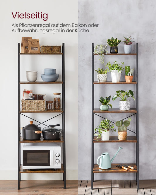 VASAGLE Standregal, Bücherregal mit 5 Ablagen, mit Metallgestell, einfache Montage, für Wohnzimmer, Schlafzimmer, Küche, 56 x 34 x 172 cm (L x B x H), vintagebraun-schwarz LLS45X