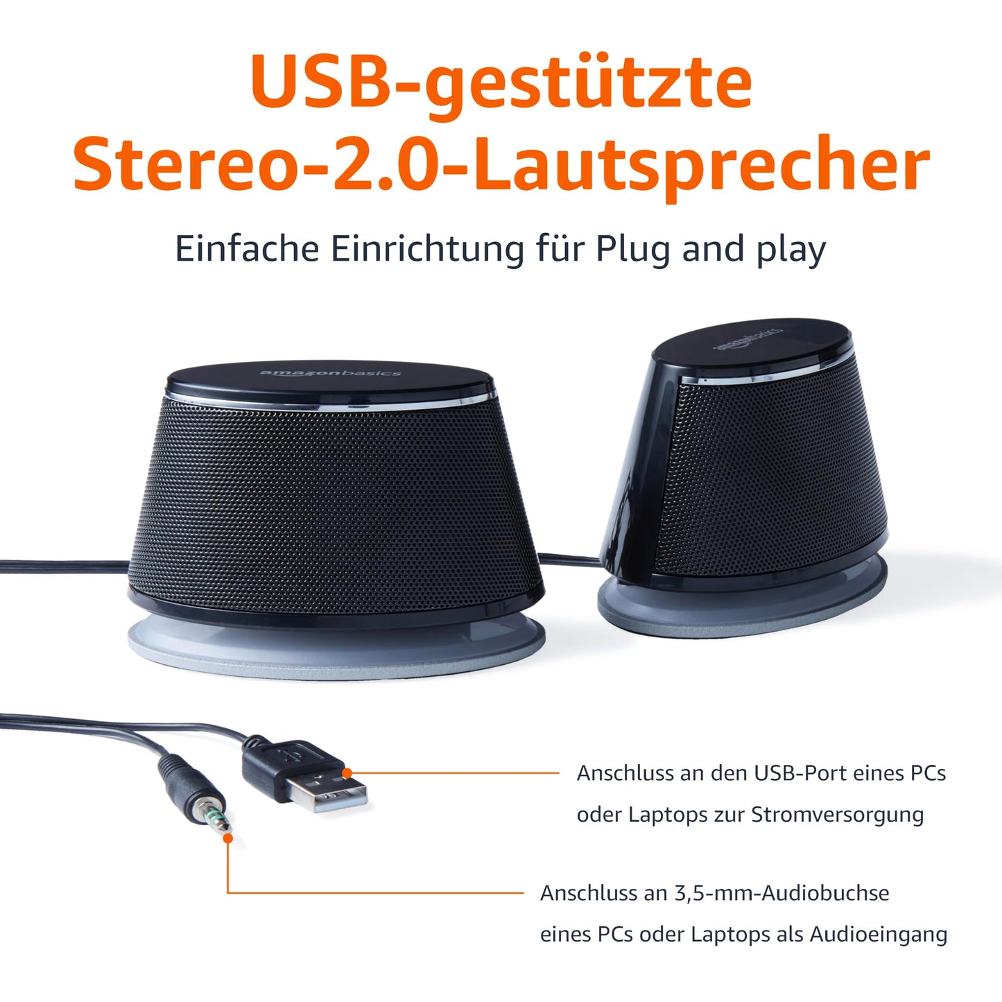 Amazon Basics Stereo-2.0-Lautsprecher für PC oder Laptop, 3,5-mm-AUX-Eingang, USB-Stromversorgung, 1 Paire, Schwarz
