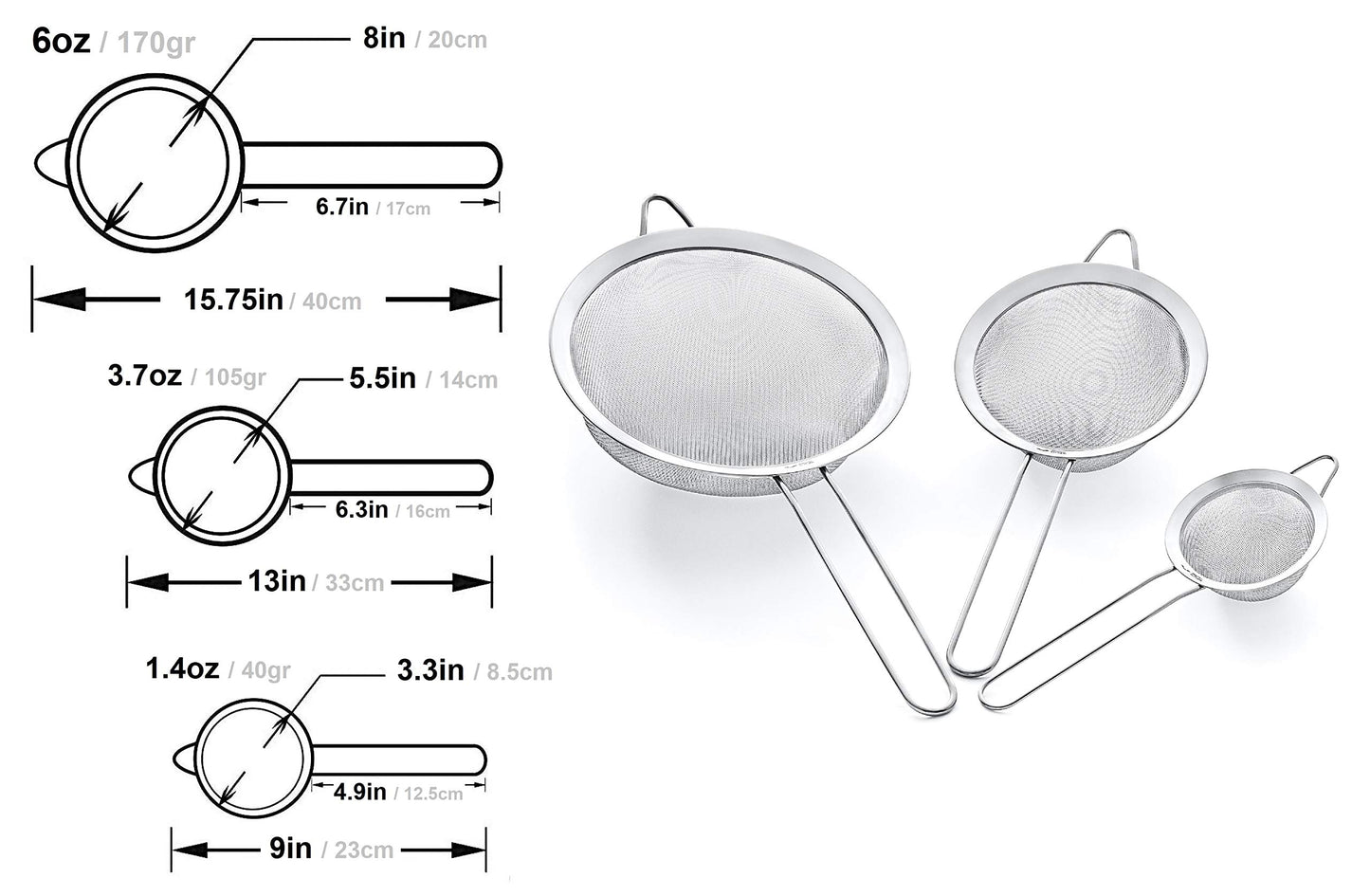 Proto Future Hochwertiges Küchensieb Set, Feinmaschig - 8.5/14/20cm - Premium 304 Edelstahl - Langlebige Siebe, Sieb Set für die Küche