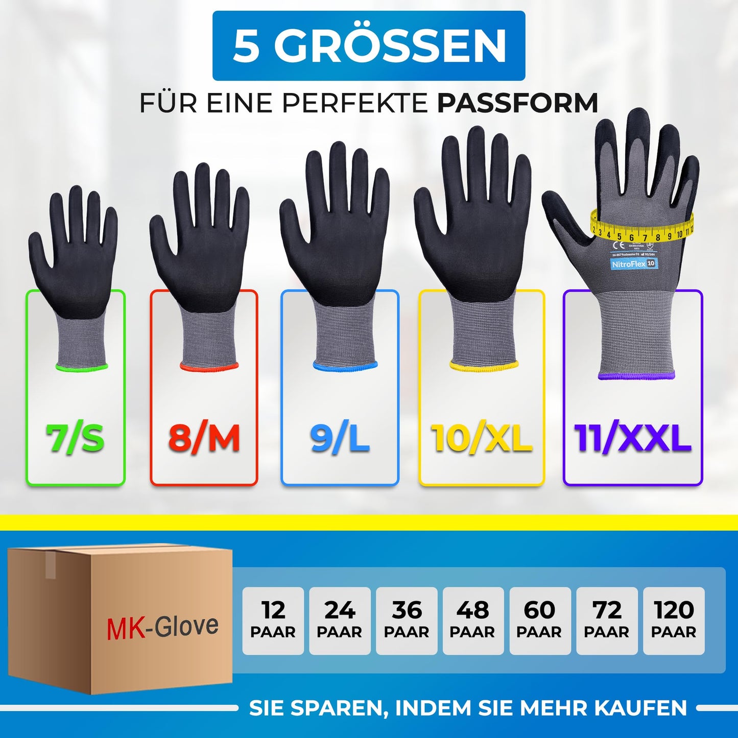 MK-Glove Arbeitshandschuhe Herren aus Nylongewirke (12 Paar) - Präzise und Angenehme Schutzhandschuhe - Robust Montagehandschuhe aus Atmungsaktiv Maschenware - Grau - 10-XL