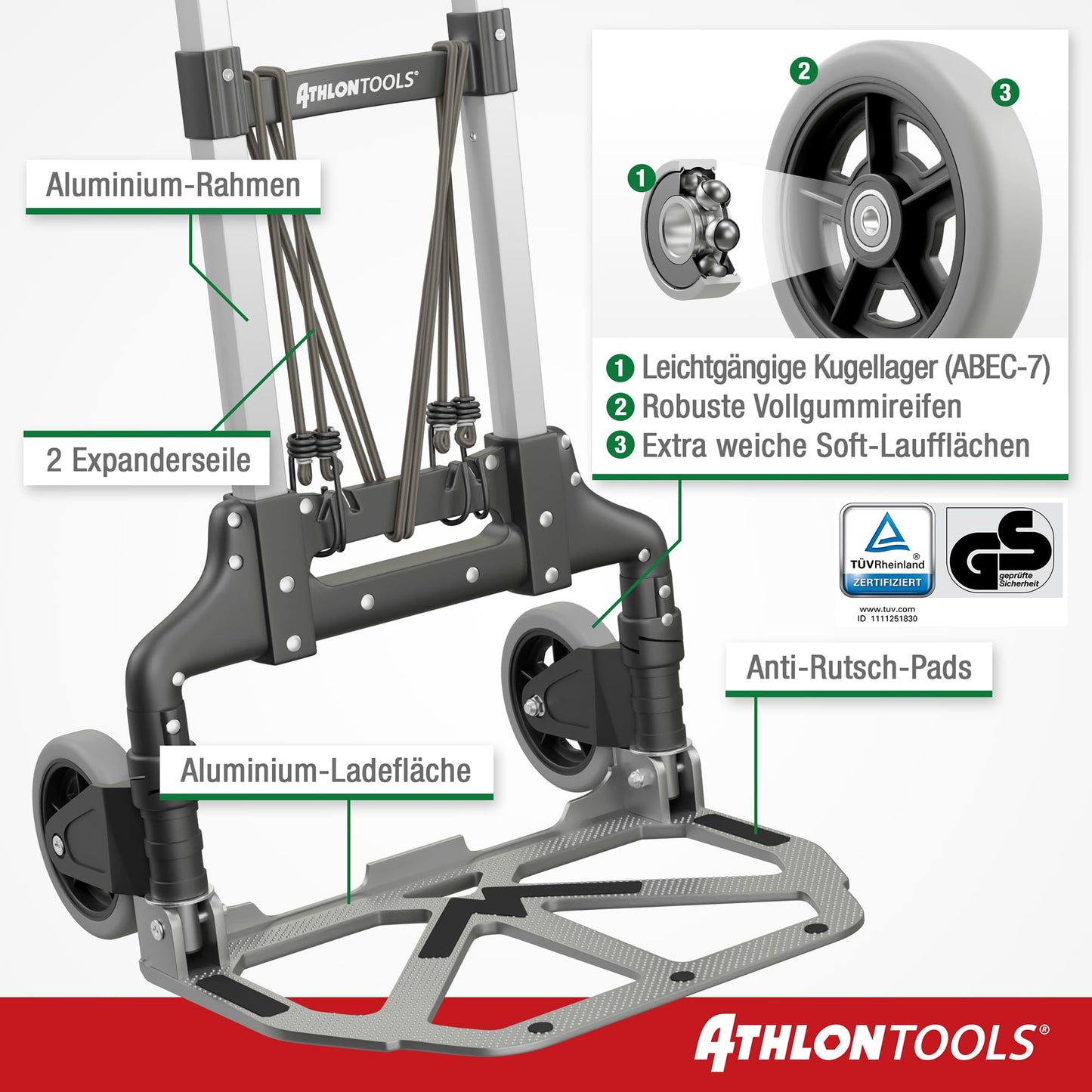 ATHLON TOOLS Aluminium Transportkarre klappbar - extra langer Teleskopgriff 110 cm - Ladefläche mit Anti-Rutsch-Pads - Leichtgängige Räder mit Soft-Laufflächen - inkl. 2 Expanderseilen - Modell 2024