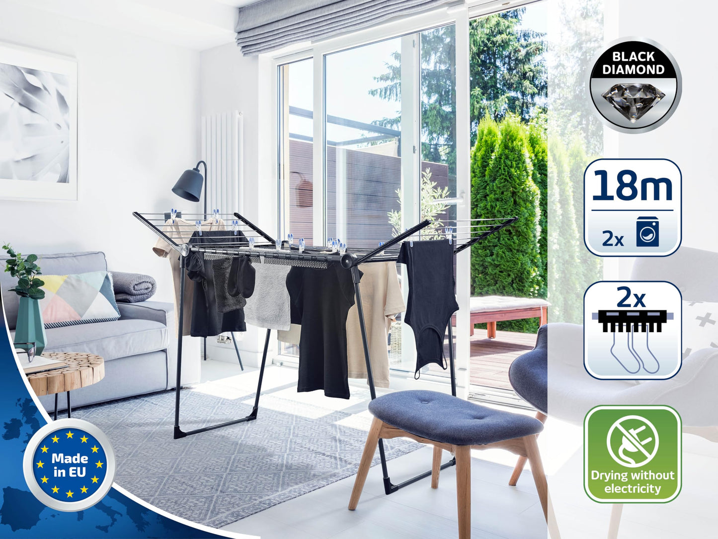 Leifheit Wäscheständer Pegasus 180 Solid Black, schwarzer Standtrockner mit Flügeln für lange Kleidungsstücke, standfester Wäschetrockner Ständer für drinnen und draußen, Wäschereck in modernem Design