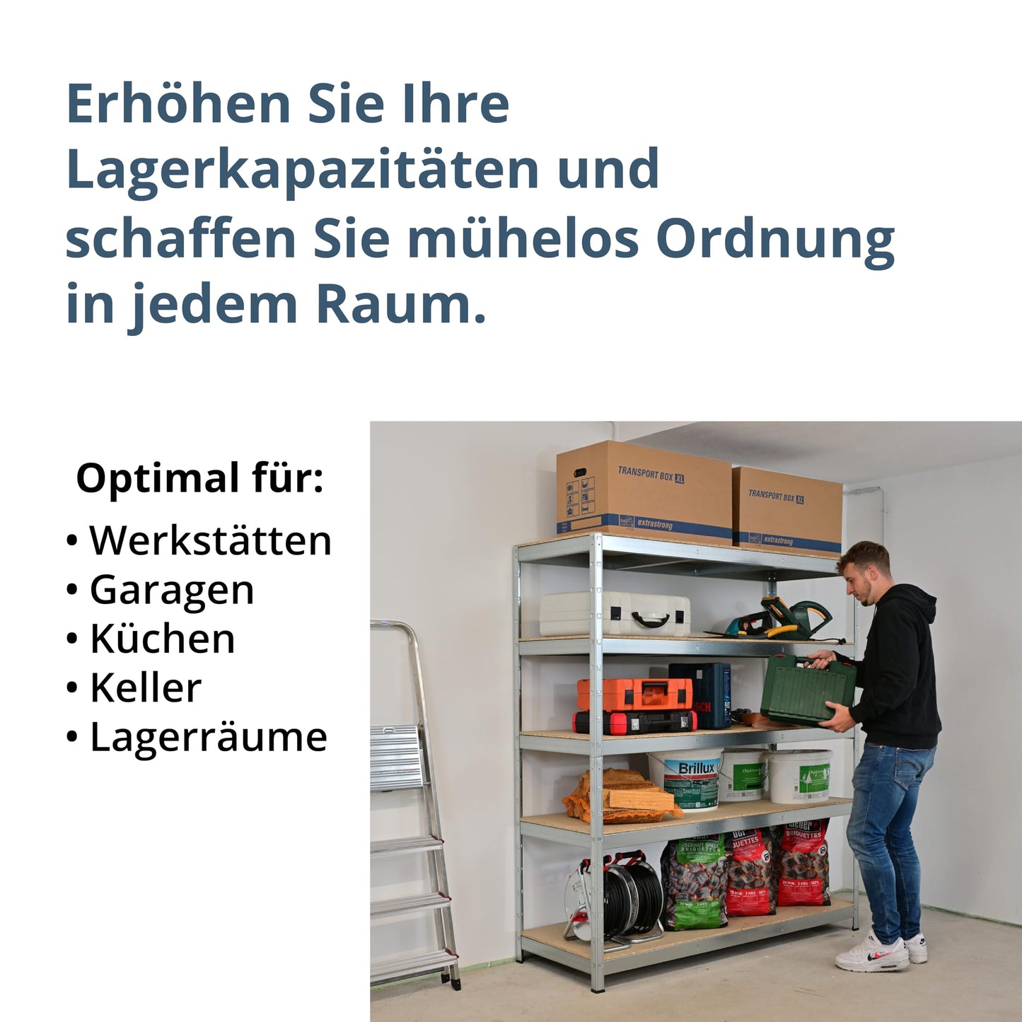 SCHULTE Regalwelt Schwerlastregal mit 5 Ebenen, 180x160x60 cm (HxBxT), Traglast pro Ebene ca. 250 Kg, verzinkt, Lagerregal, Kellerregal, Werkstattregal, Steckregal