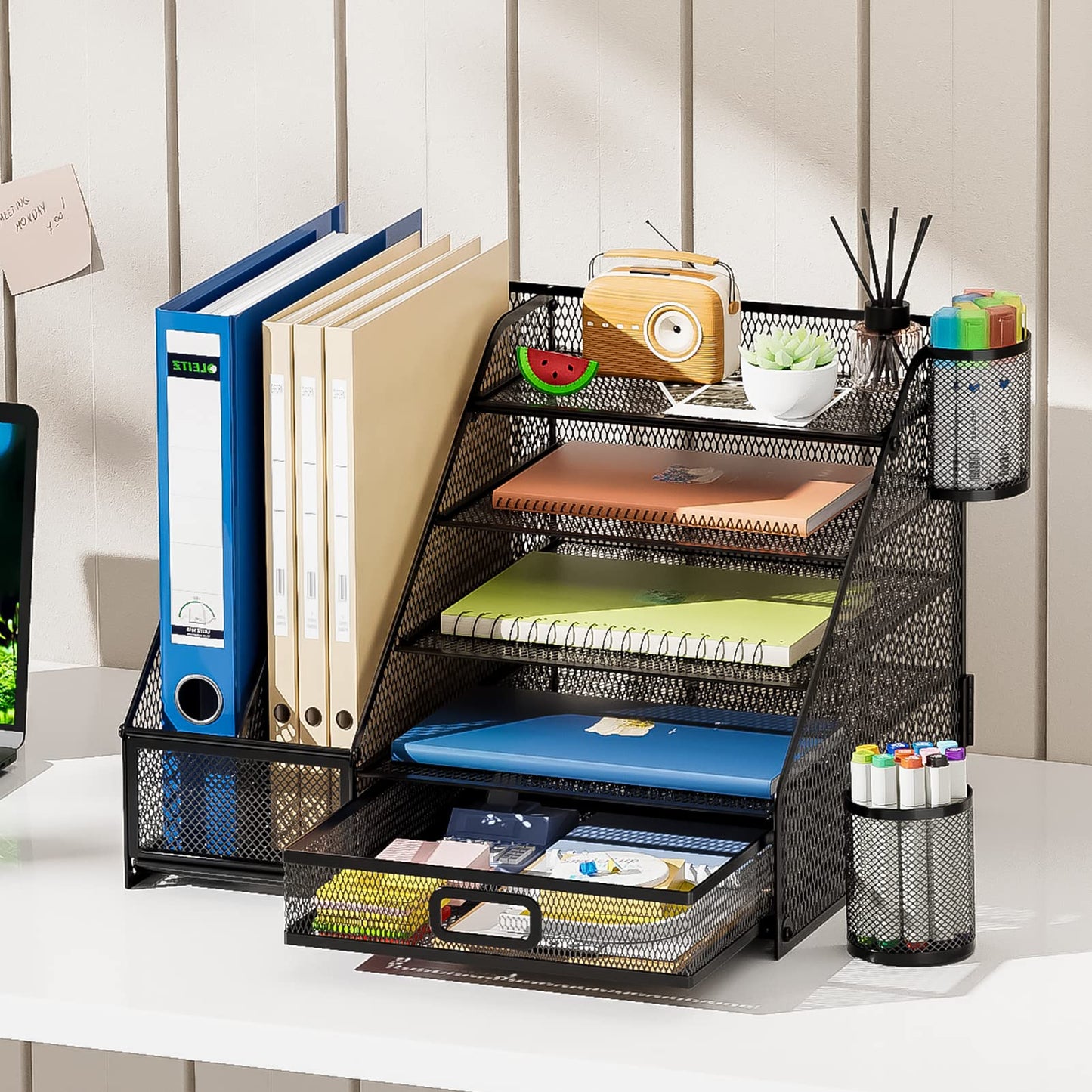 Marbrasse Schreibtisch Organizer,5-Stöckig,Papier-Briefablage mit Schublade,2 Stifthalter,Netz-Schreibtisch-Organizer, Zubehör,Aufbewahrung für Heimbürobedarf (Einseitiger Buchständer)