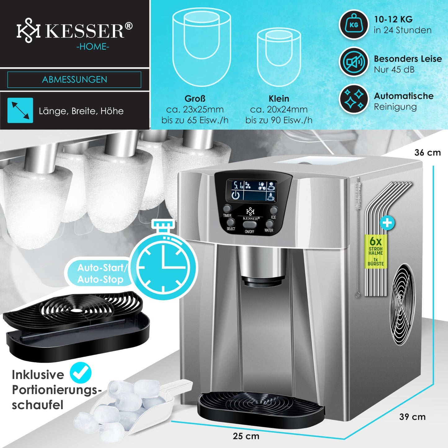 KESSER® Eiswürfelbereiter | Eiswürfelmaschine Edelstahl | 100W Ice Maker | 12 kg 24 h | 2 Würfelgrößen | Zubereitung in 6 min | 2 Liter Wassertank | Timer | LCD-Display | Wassertank, Silber