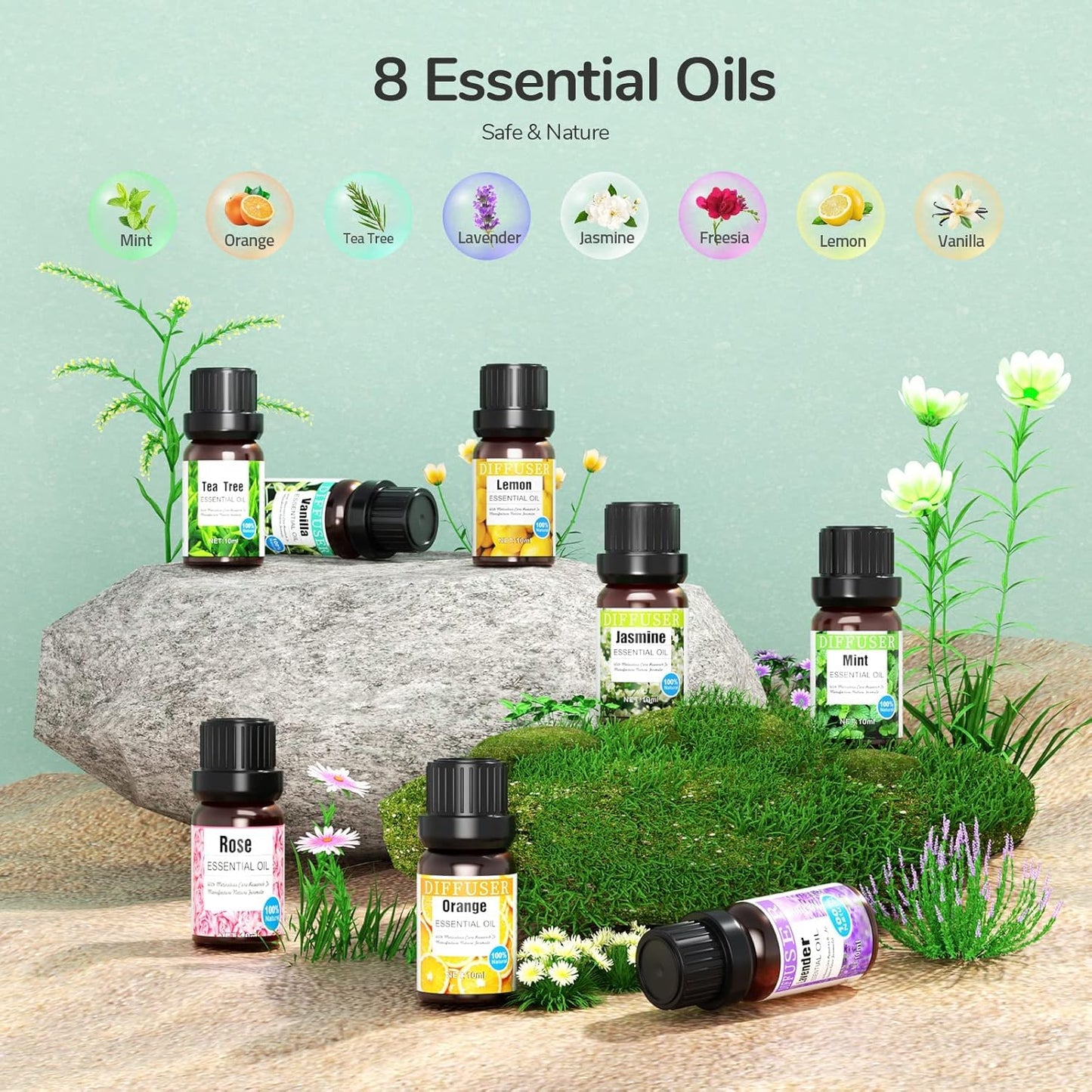 Aroma Diffuser, 600 ML Mit 8 Ätherischen Ölen, Luftbefeuchter Schlafzimmer, Luftbefeuchter mit Fernbedienung, 4 Timer, Automatische Wasserlose Abschaltung für Große Räume