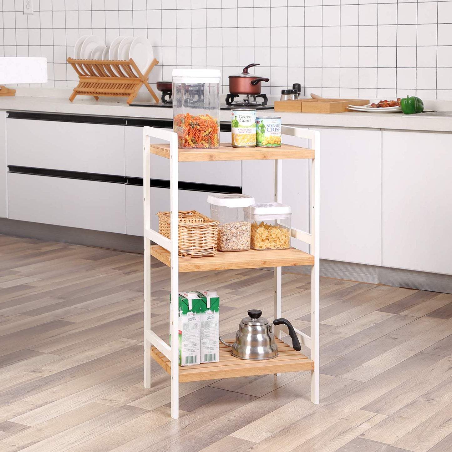 SONGMICS Bambusregal, Küchenregal, Badregal, Bücherregal, Standregal mit 3 Ablagen, 31,5 x 45 x 80 cm, für Bad, Küche, Wohnzimmer, Schlafzimmer, Balkon, naturfarben-weiß BCB73Y