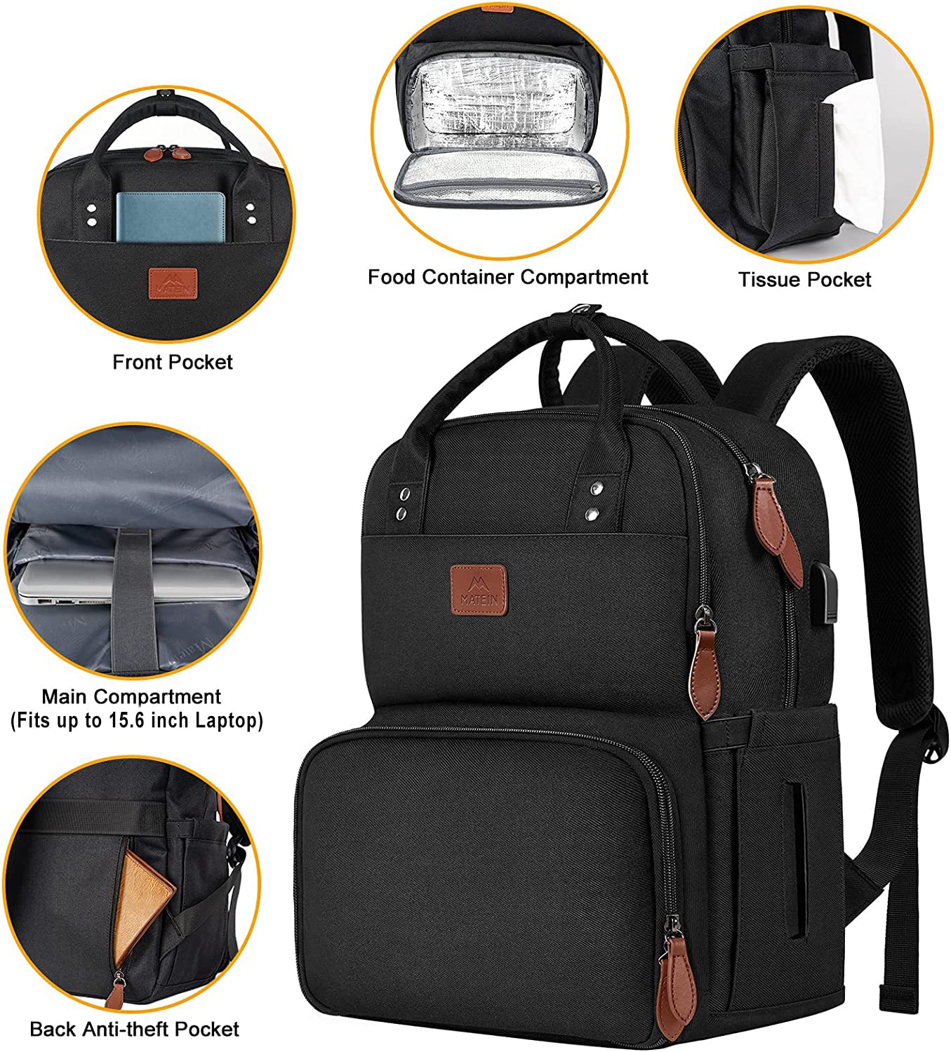 MATEIN Lunch Rucksack, Laptop Rucksack Herren 15,6 Zoll mit Isoliertes Kühlfach, Kühlrucksack mit USB Ladeanschluss, Wasserdicht Kühltasche Lunch Tasche Damen Reisen Arbeit, Schwarz