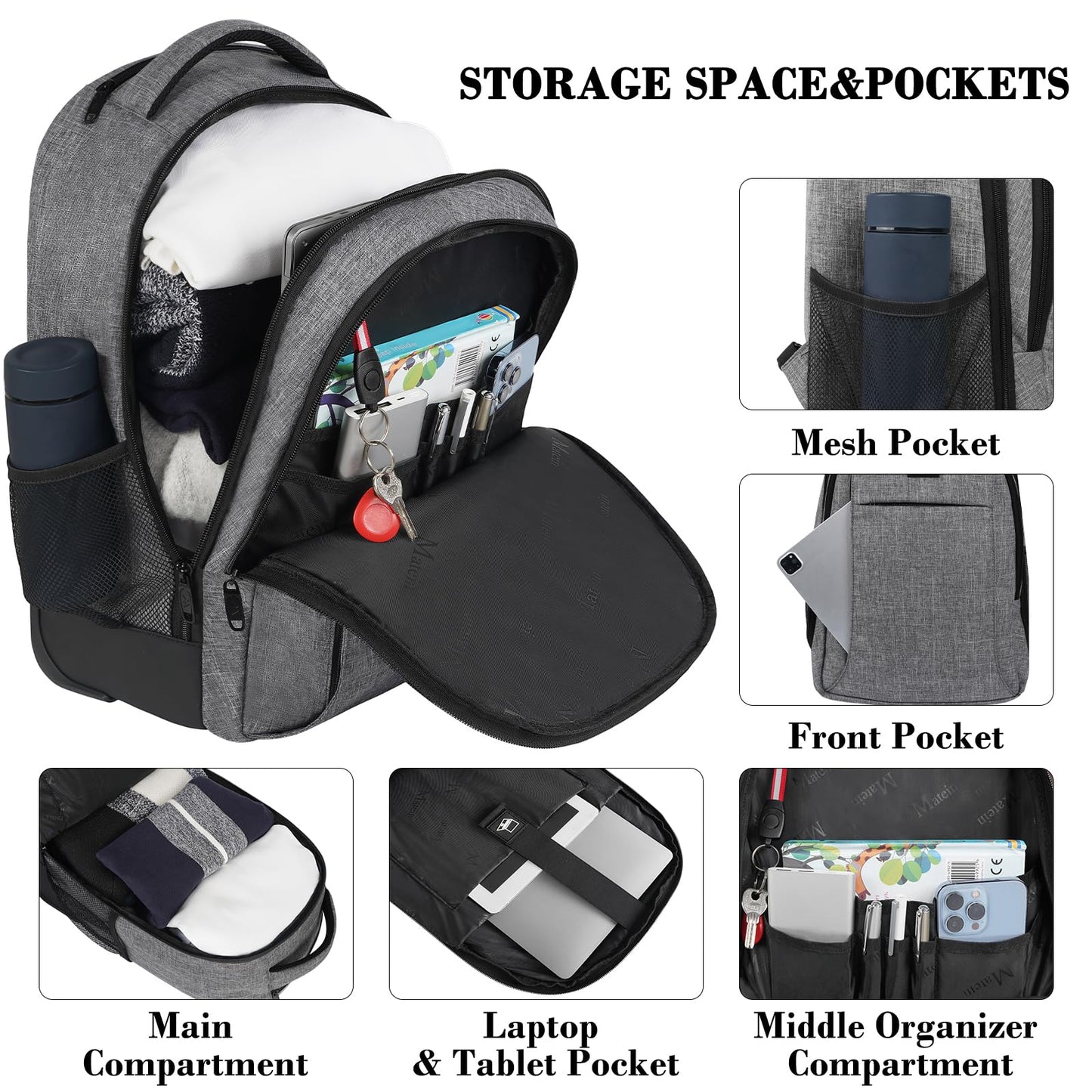 MATEIN Schulrucksack mit Rollen, Business Trolley Leicht Handgepäck Flugzeug Reiserucksack Herren 17 Zoll Laptoptasche Reisetasche mit Rädern Damen Schultrolley Wheeled Backpack für Arbeit, Uni, Grau
