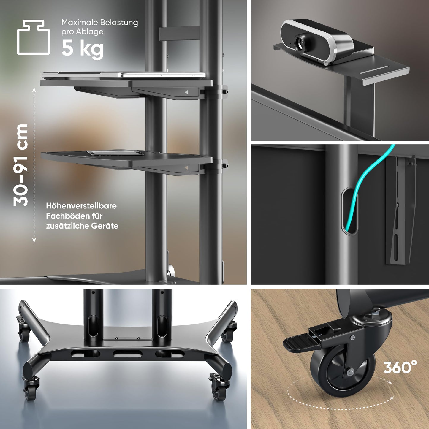 ONKRON Mobiler TV Ständer rollbar - TV Standfuss schwenkbar & höhenverstellbar für 50-86 Zoll LED Flach&Curved TV Standfuß VESA 800x500 bis zu 90.9 kg Schwarz