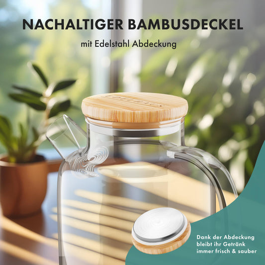 EDELHAUS® Wasserkaraffe/Glaskaraffe mit Deckel 1,6 Liter - Auch als Teekanne Glas mit Siebeinsatz - Robuste Karaffe Glaskrug mit Bambus Deckel - Wasserkrug, Glaskanne, Wasserkanne inkl. Untersetzer