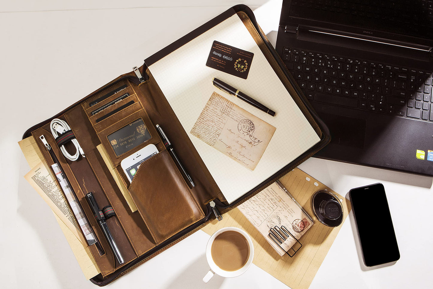Konferenzmappe A4, Schreibmappe Leder, Ledermappe Dokumentenmappe mit a4 Klemmbrett/Reißverschluss, Businessmapp Tablet Mappe Organizer für iPad 9.7/iPad Pro 9.7/iPad Air 2/iPad Air