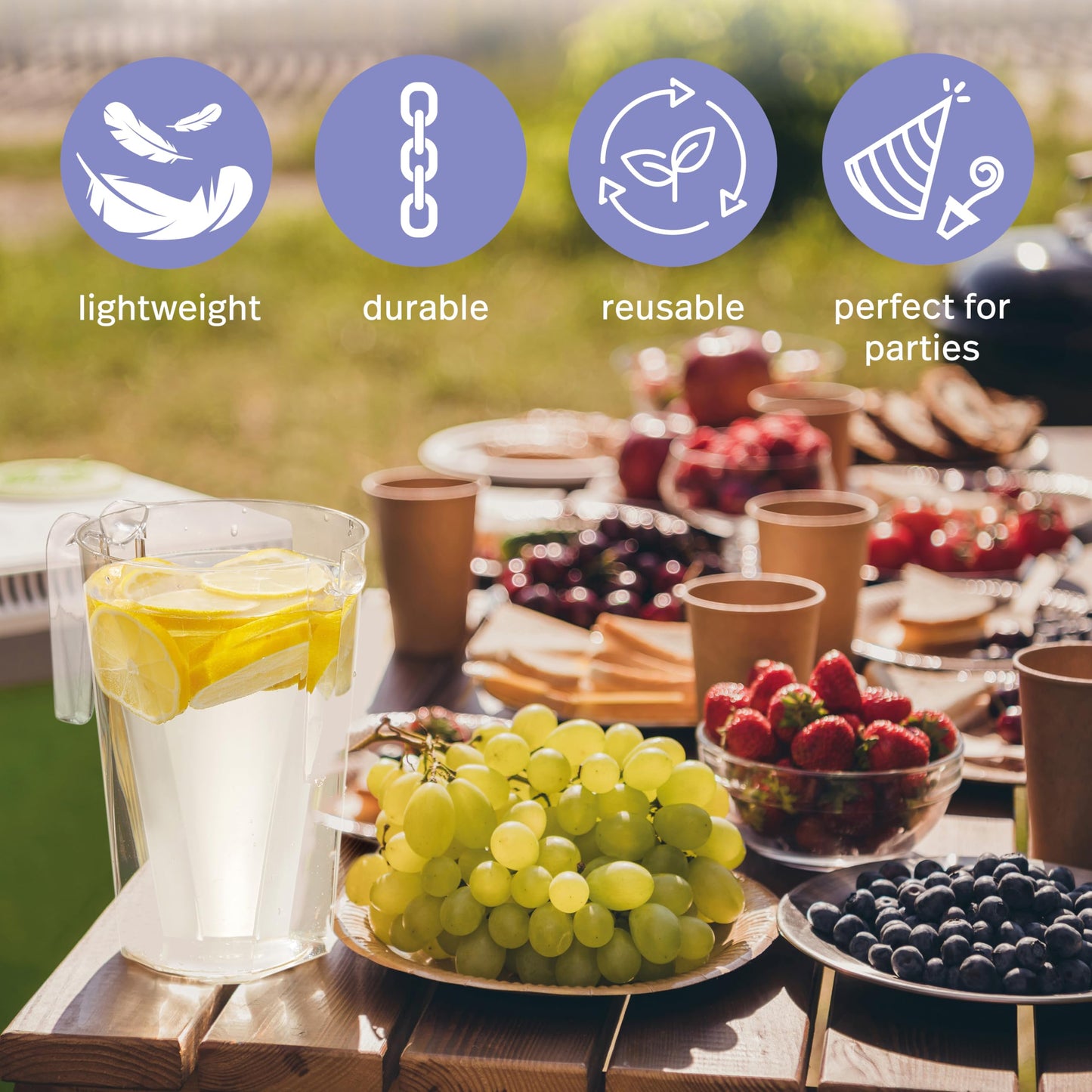 MATANA 6 Kunststoff Krüge (Durchsichtig, 1,5L) - Wasserkrug, Cocktail Krug, Saftkanne, Wasserkanne, Karaffe Plastik, Wasserkaraffe - Geburtstage, Hochzeiten, Grillpartys - Stabil & Mehrweg