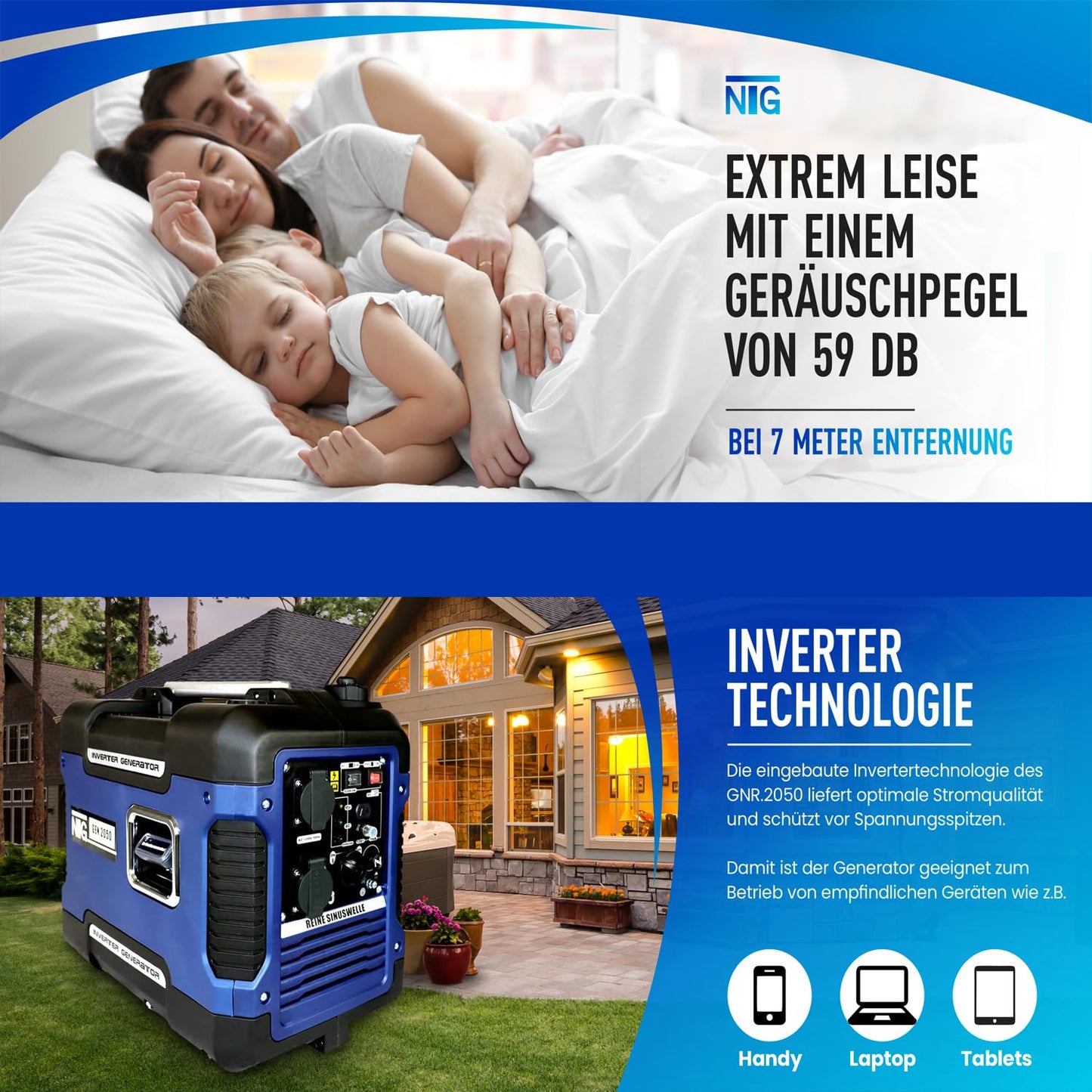 Inverter Stromerzeuger GNR.2050 | leise nur 59 dB(A) | 4l Tankvolumen l 4-Takt Motor l Benzin l mit Tragegriff l Ölsensor & Eco-Modus l Strom Generator l Notstromaggregat l Stromaggregat