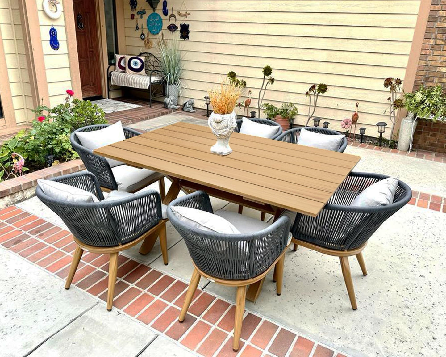 PURPLE LEAF 7-TLG Gartenmöbel Set Terrassenmöbel Außen Balkonmöbel Esstisch Teak Wetterfest 8 Esszimmerstühle UV-Beständigkeit mit Kissen für Garten, Natur