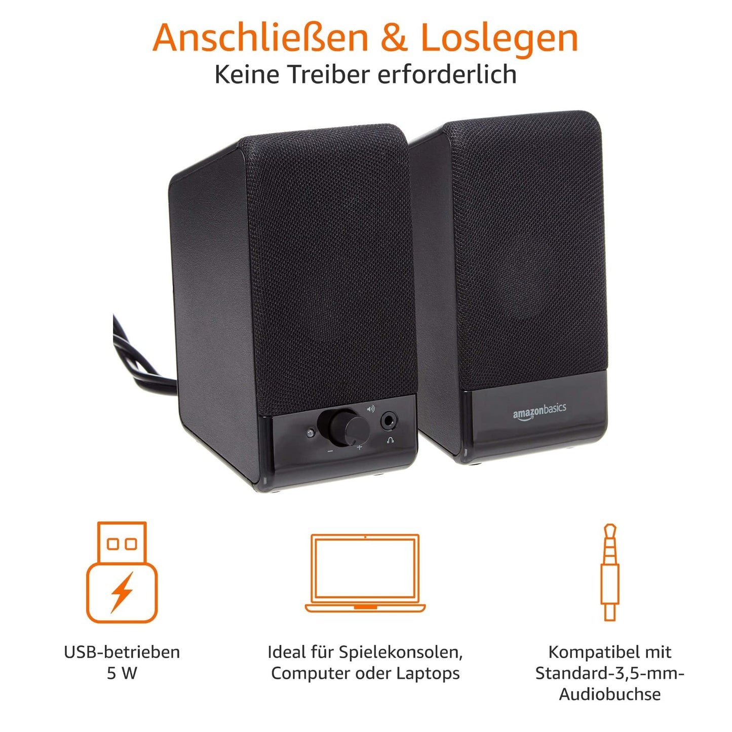 Amazon Basics Computer-Lautsprecher für Schreibtisch-PC oder Laptop , USB-Betrieb, Schwarz, 7,1 x 8,1 x 13,4 cm