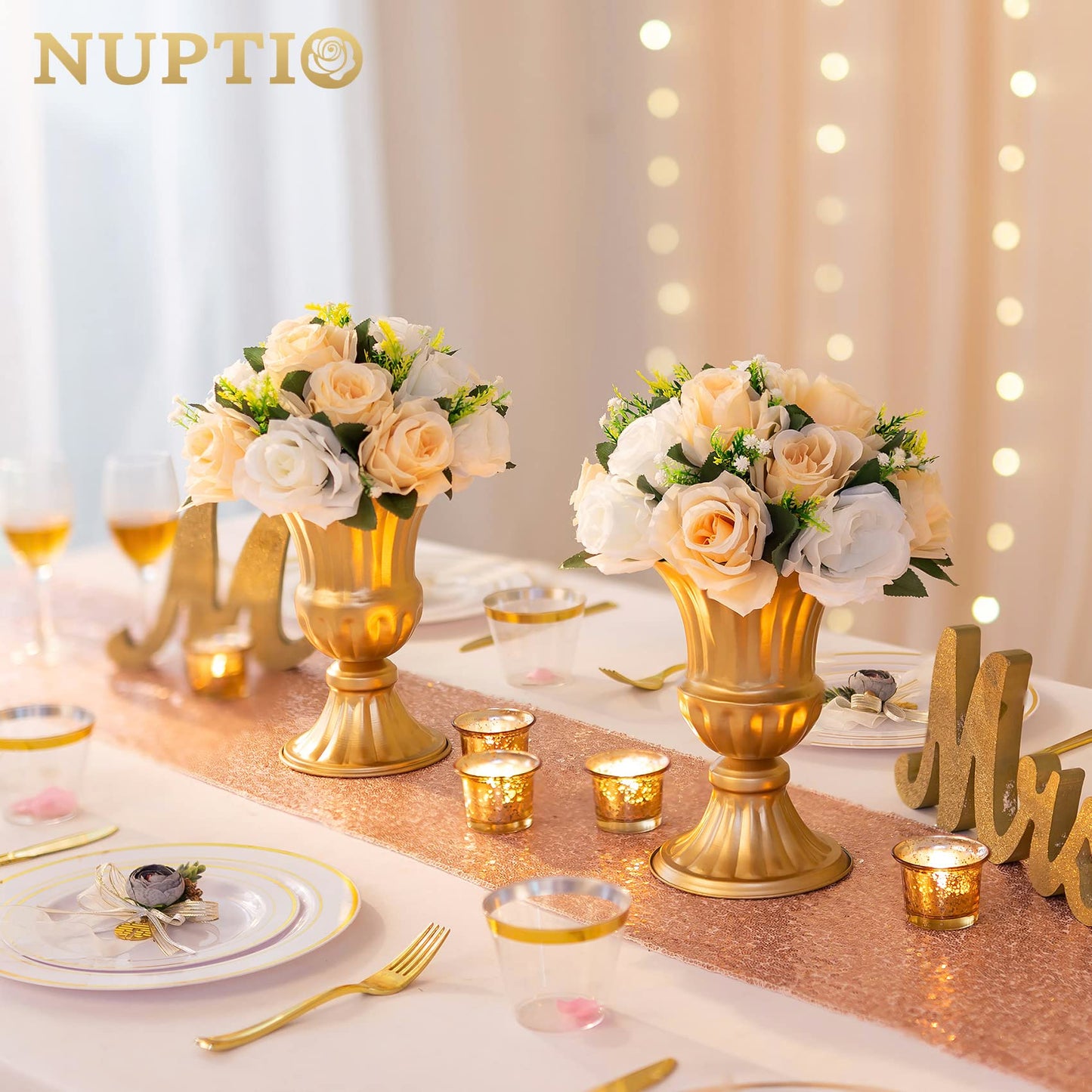 NUPTIO 2 Stück Künstliche Blumenstrauß, 15 Köpfe Kunststoff Rosen mit Sockel, Geeignet für Unser Geschäft Hochzeit Herzstück Blumenregal für Parteien Valentinstag Dekoration(Champagner & Weiß)