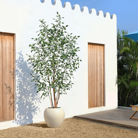 Kazeila Kunstpflanze Ficus mit Großem Weißen Topf,240cm Künstliche Pflanzen Groß, UV-beständige Plastikpflanzen für Innen- und Außendekoration(1Pack)