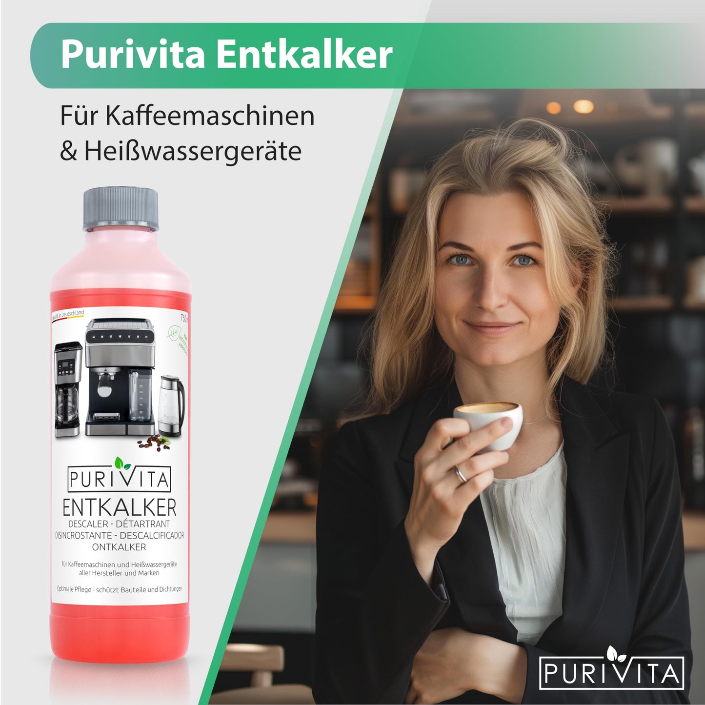 PURIVITA - Universal Entkalker Kaffeevollautomat (3x 750ml) Entkalker Kaffeemaschine für ALLE gängigen Marken - 3 Flaschen
