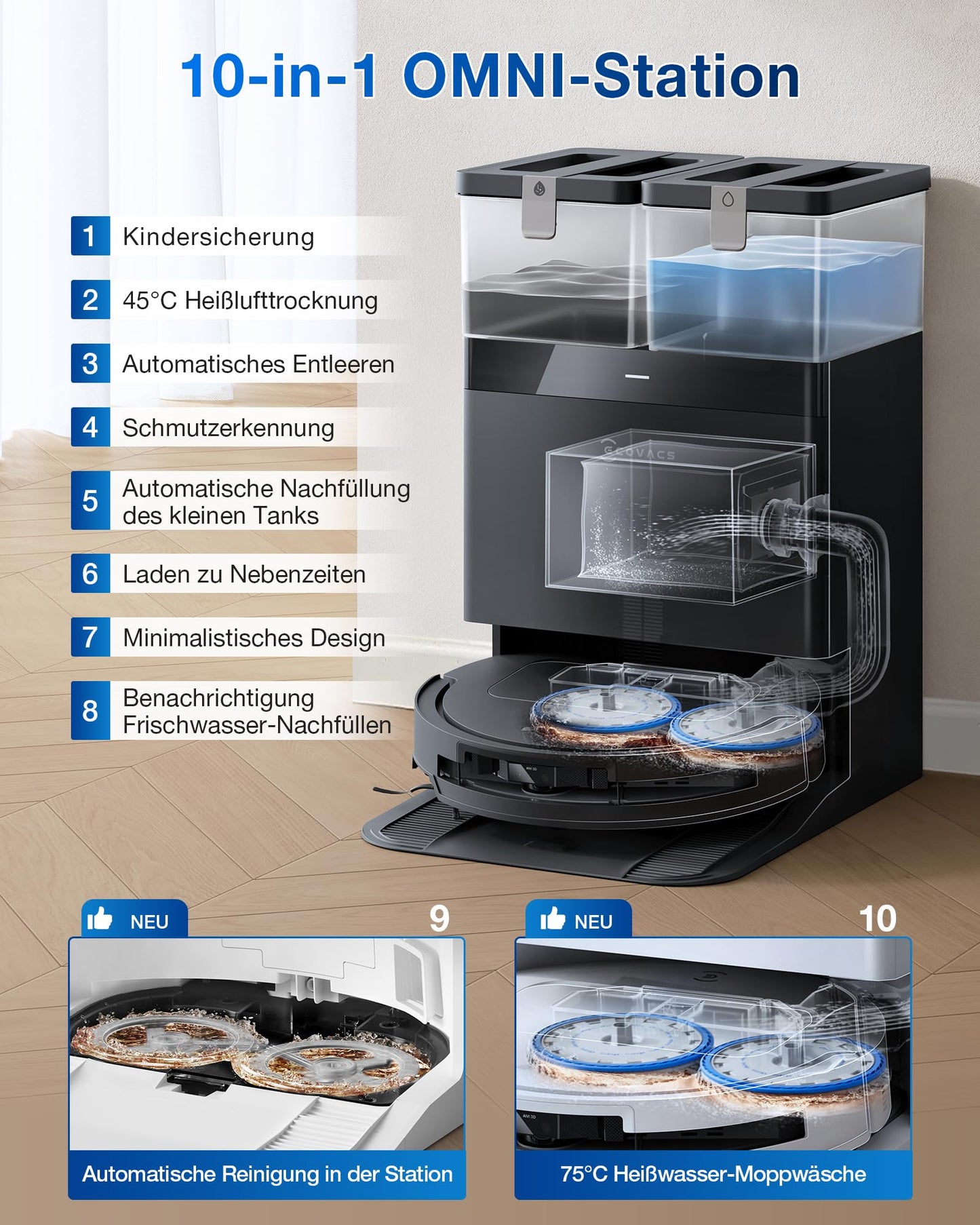 ECOVACS DEEBOT T50 Omni Saugroboter mit Wischfunktion,15.000 Pa, Ausziehbare Seitenbürste und Mopp, ZeroTangle 2.0, Moppwäsche mit 75°C heißem Wasser, All-in-One Station, ultradünn 81 mm, Schwarz