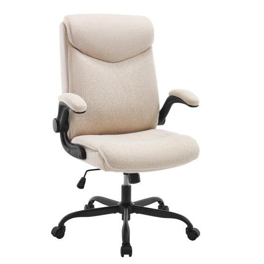 eSituro Bürostuhl ergonomisch, Schreibtischstuhl, Chefsessel 150 kg, Drehstuhl mit Rollen, hochklappbare Armlehnen, Sitzfläche aus Stoff, Beige