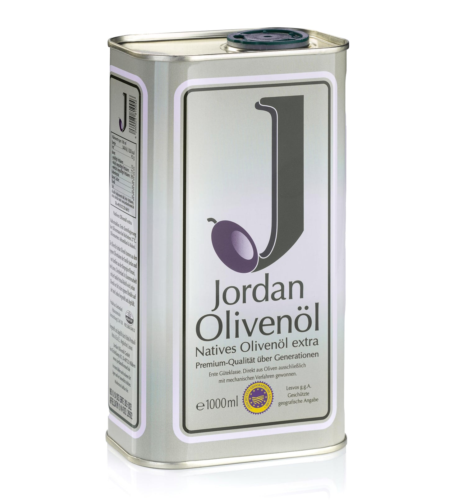 Jordan Olivenöl | Natives Olivenöl Extra [1 Liter - Kanister] - von der griechischen Insel Lesbos | traditionelle Handernte | Kaltextraktion am Tag der Ernte | Kanister im Retro-Design mit Ausgießer