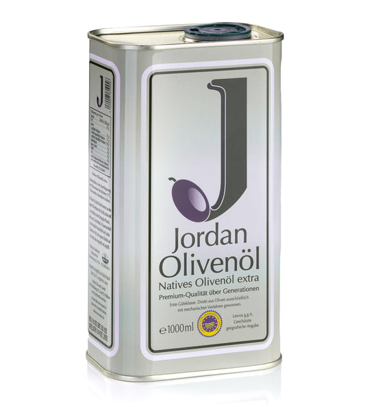 Jordan Olivenöl | Natives Olivenöl Extra [1 Liter - Kanister] - von der griechischen Insel Lesbos | traditionelle Handernte | Kaltextraktion am Tag der Ernte | Kanister im Retro-Design mit Ausgießer