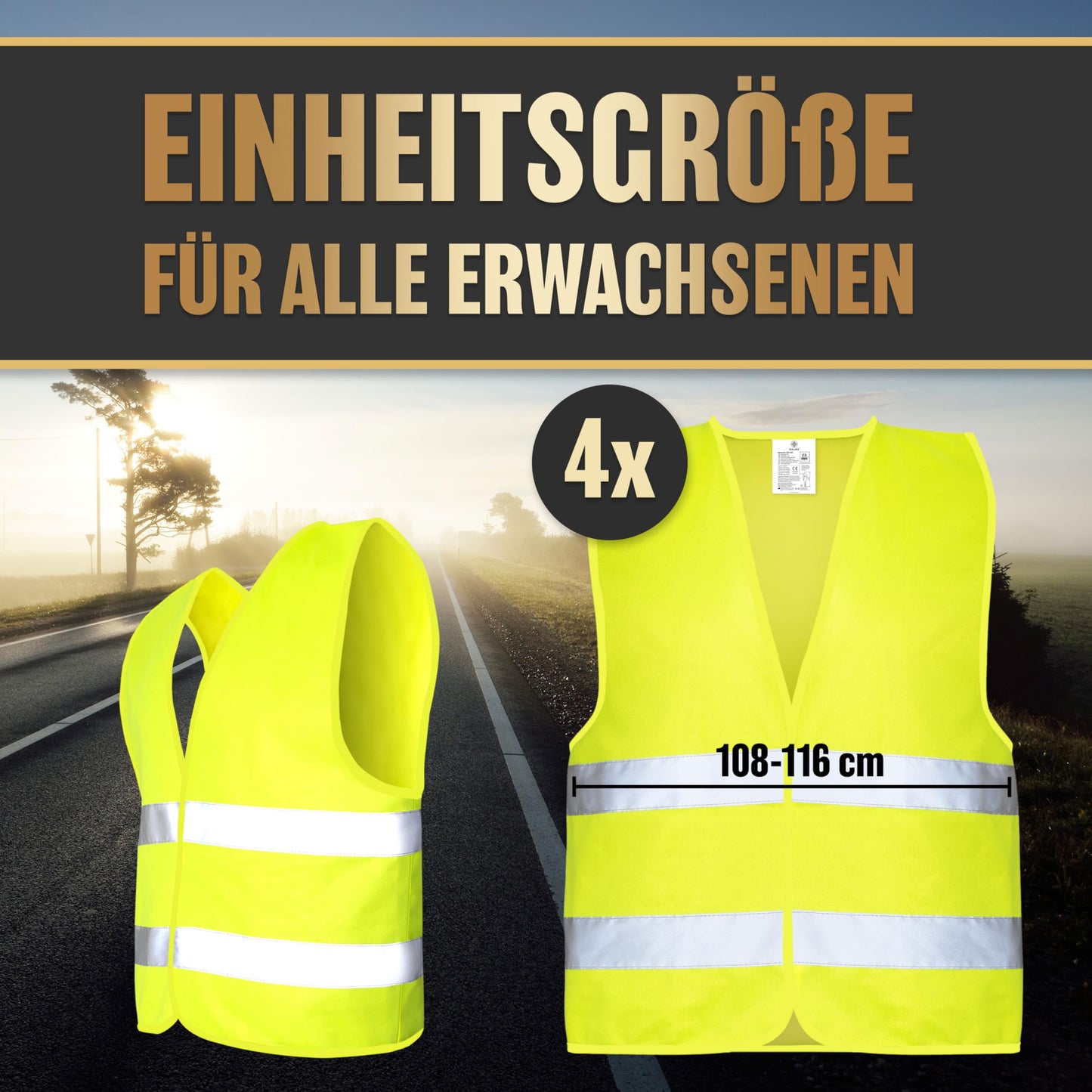 HELDENWERK Auto Warnweste 4er Set für Erwachsene europaweit einsetzbar - Reflektierende Warnwesten 2025 - PKW Sicherheitsweste, Pannenweste, KFZ Weste